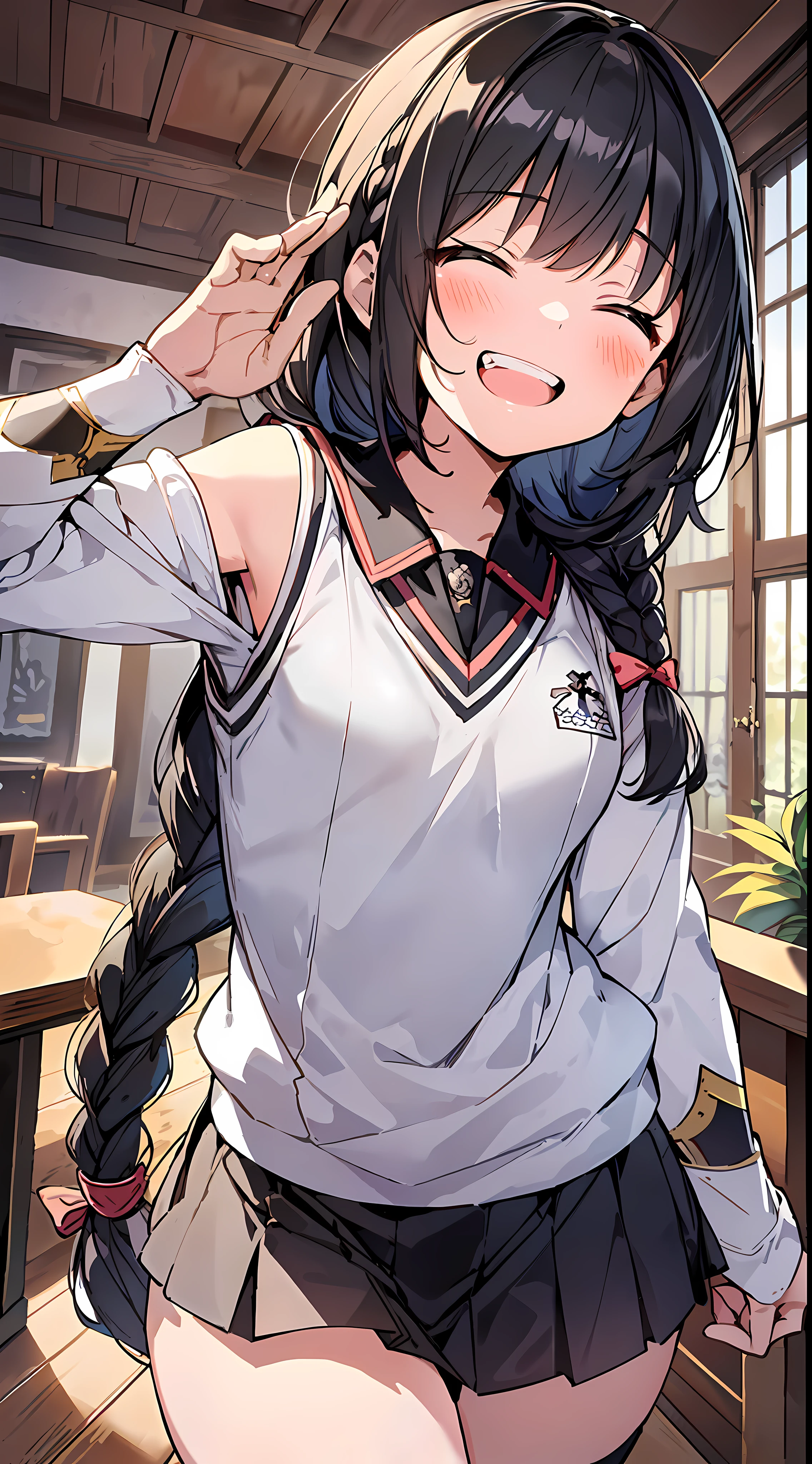 Top Quality, Best Masterpiece, Ultra High Definition, 8K, White Sweater Vest, Anime Style Little , Single, Ultra Detailed Line Art, Digital Enhancement, Anime Core, Flowing Fabric, Close Up, ((Hair length to shoulder and short braid)), staring at us from the front, Soft drawing, Beautiful black hair, (((Littanime style)), Crisp eyes, grin, teeth, wide mouth, closed eyes, highfive, ultra-detailed digital anime art, clear face depictions, ultra-detailed anime character art, ultra-detailed manga style, top quality colors, hand gestures, foot-up angles, indoors