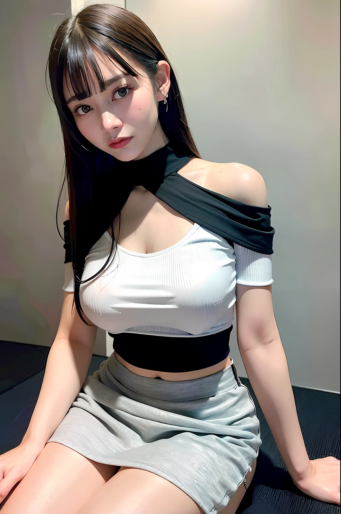Top quality, ultra high resolution, (photorealistic: 1.4), 1 girl, off-the-shoulder white shirt, black tight skirt, black choker, (faded ash-gray hair: 1), (huge breasts: 1.2), look viewer, close-up, slender legs, small breasts