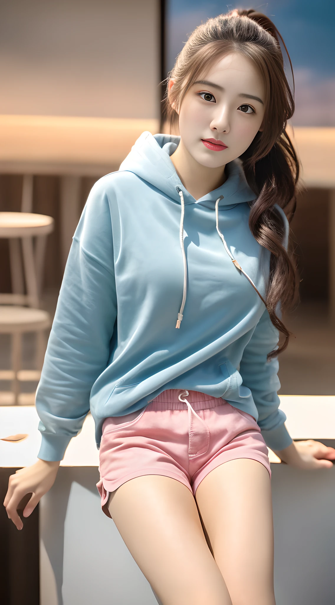 (8k, RAW photo, best quality, masterpiece), (realistic, photo-realistic:1.2), ultra detailed, 1 girl, cute, solo, beautiful detailed sky, detailed cafe, night, sitting, dating, dose blush, closed mouth, Beautiful and delicate eyes, wearing hoodies, dolphin shorts, medium build, flowing hair, long blue hair, GIRL, FEMININE, pink eyes, ultra-fine details, complex scenes, ambient light, soft light, elegant, symmetrical facial features, accurate anatomy, anatomically correct girl, landscape, gossamer, ethereal, full body, ponytail, gentle, gentle, sensible, big breasts,