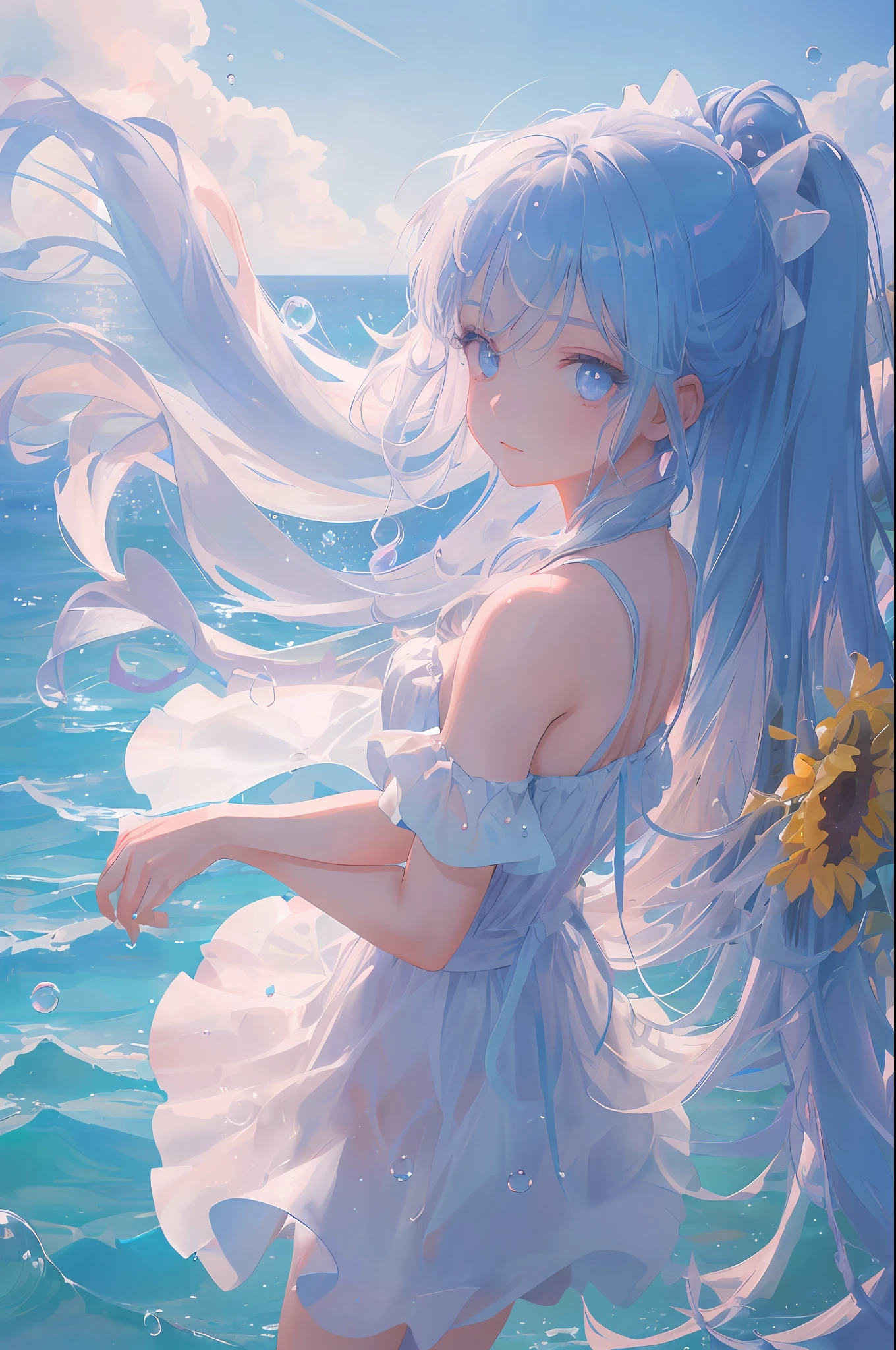art by Cornflower, dreamy
(a girl who was ite and had beautiful detailed eyes. The depth of field in the photo was perfect, and the lens flare added a nice touch. The finely detailed features of her face really stood out, and the score for this photo was definitely greater than 10. In the background, there was a beautiful ocean with crystal clear water and water droplets on the surface. It was a stunning photo that really captured the beauty of the girl and the water.)