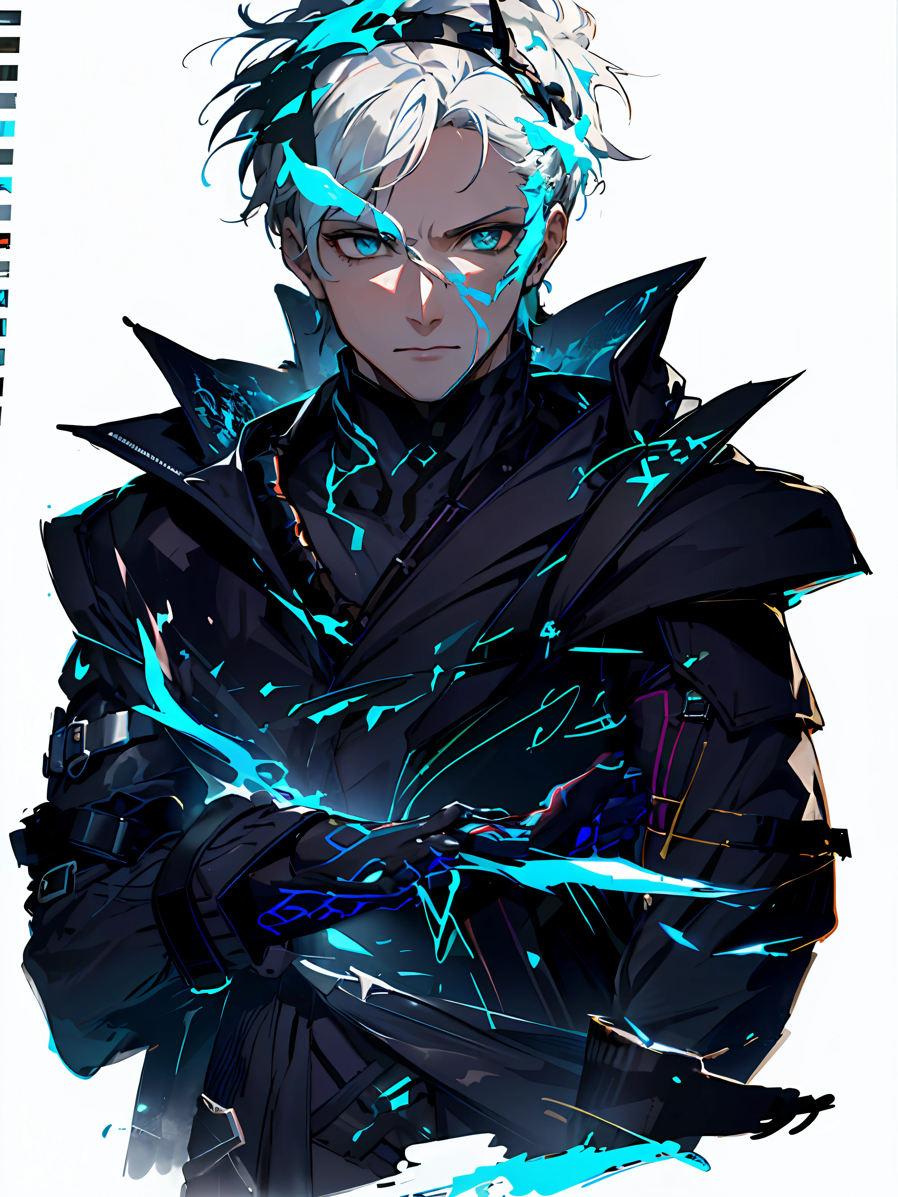 Cyberpunk male, fantasy world, dark background, clean design, epic instagram, artstation, colorful paint splatter, silhouette, hyper detailed intricate details, unreal engine, fantasy, intricate details, splash screen, complementary colors, Fantasy concept art, 8k resolution, deviantart masterpiece, oil painting, heavy strokes, paint dripping, (isolated on white background: 1.3), rainbow skin, (((handsome young man))), ((teenage:1.5) ), (glowing blue eyes), ((light eyes)), ((((short white hair: 1.1))), ((black clothes)), (prince\\(indifferent expression\\),, ( ((Wears high detail luxurious black robe))), white hair, frost magic, ((chest) --v 6