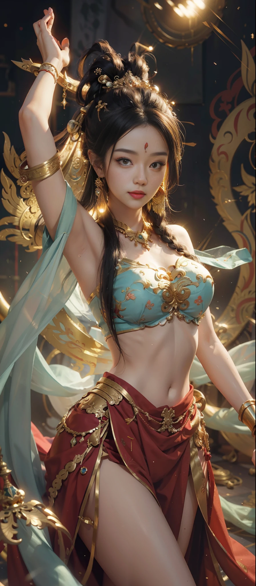 Dunhuang style, 1girle, shoulders, navel, flying fairy, Dunhuang mural in background, dance, Buddhist instrument in hand, black hair, very long hair, hair accessories, ribbons, earrings, gold jewelry, hair bubbles, red clothes, flowers on the head, gradient eyes, smile, surrealism, high detail, romanticism, cinematic lighting, glitter, reflected light, masterpiece, super detail, textured skin, anatomically correct, high detail, best quality, high quality, award-winning, 8K