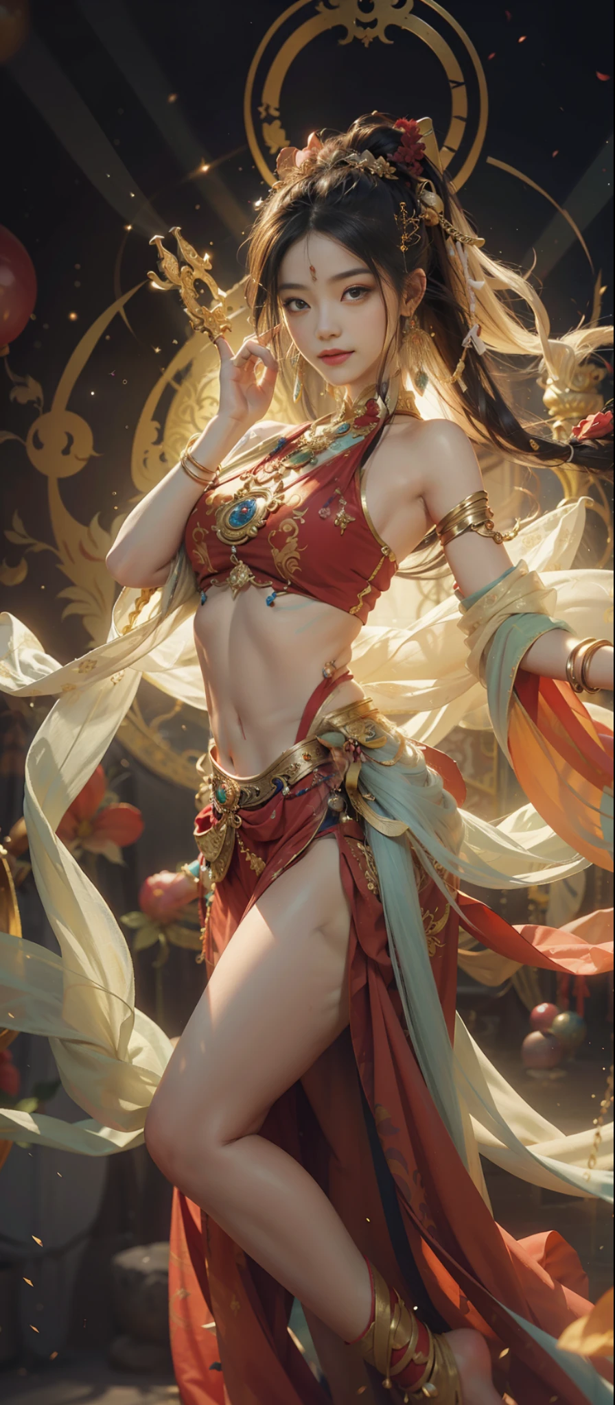Dunhuang style, 1girle, shoulders, navel, flying fairy, Dunhuang mural in background, dance, Buddhist instrument in hand, black hair, very long hair, hair accessories, ribbons, earrings, gold jewelry, hair bubbles, red clothes, flowers on the head, gradient eyes, smile, surrealism, high detail, romanticism, cinematic lighting, glitter, reflected light, masterpiece, super detail, textured skin, anatomically correct, high detail, best quality, high quality, award-winning, 8K