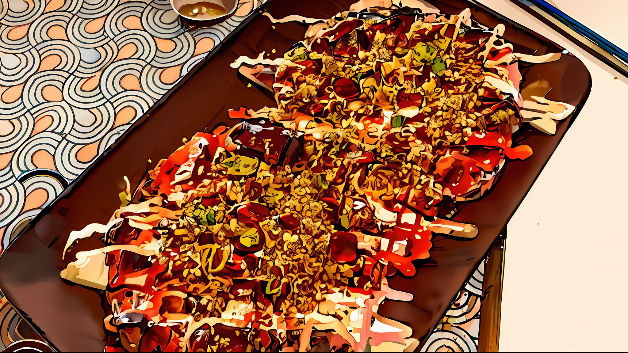 On the tray are two large plates with sauce and toppings, Hajime Katoki, Sesame Sweet, Shogakukan, Jeka Kemp, tempura on the panel, Masterpiece!!, Sesame sweet meatloaf, Delicious, けもの, ❤🔥🍄🌪 inspired by the Japanese Shunbaizai Kitaei