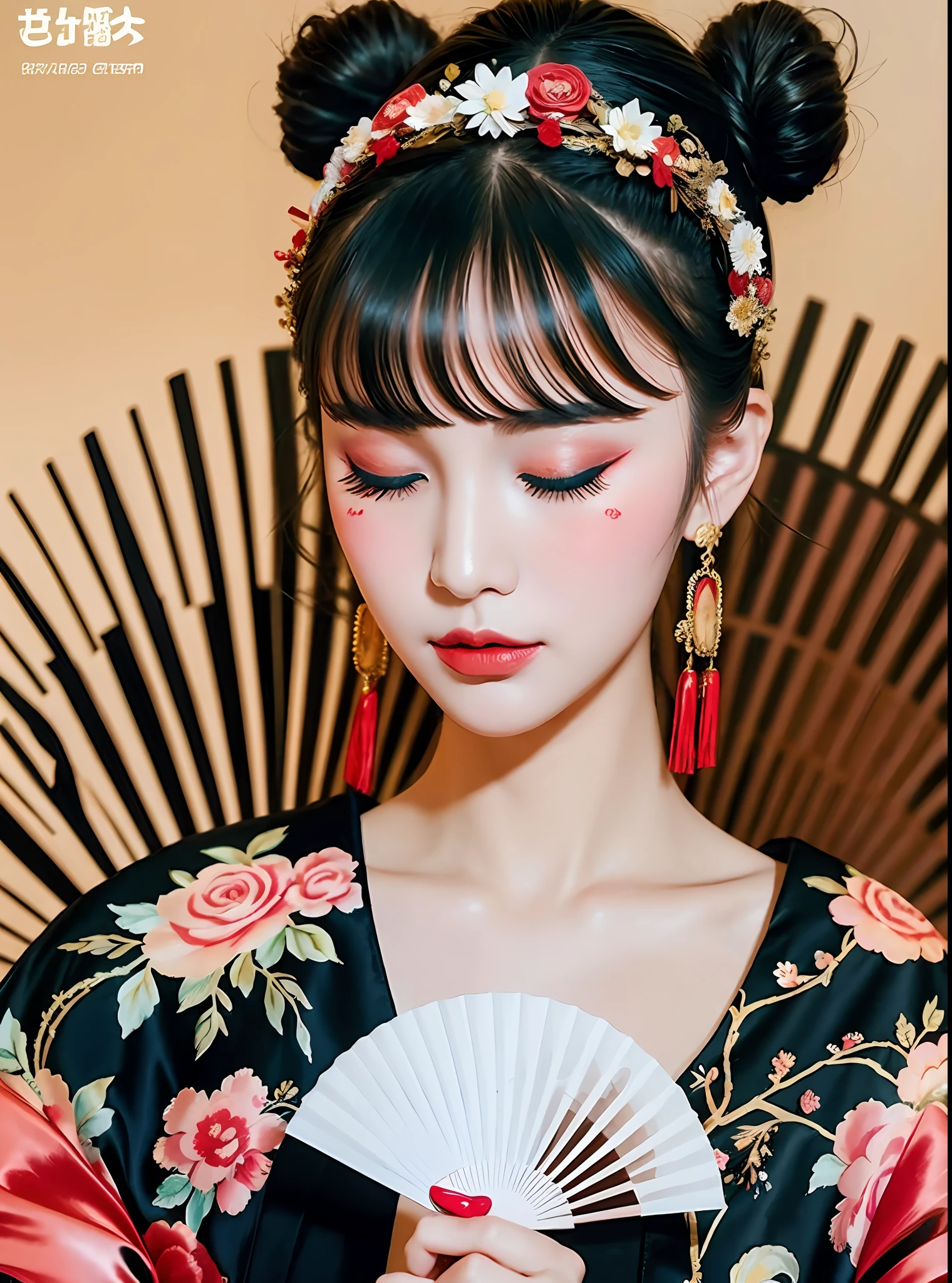 1girl, black hair, china dress, chinese clothes, closed eyes, closed mouth, dress, flower, hair bun, hair ornament, hand fan, holding, holding fan, makeup, painting \(medium\), paper fan, portrait, solo, watercolor \(medium\),fashi-g