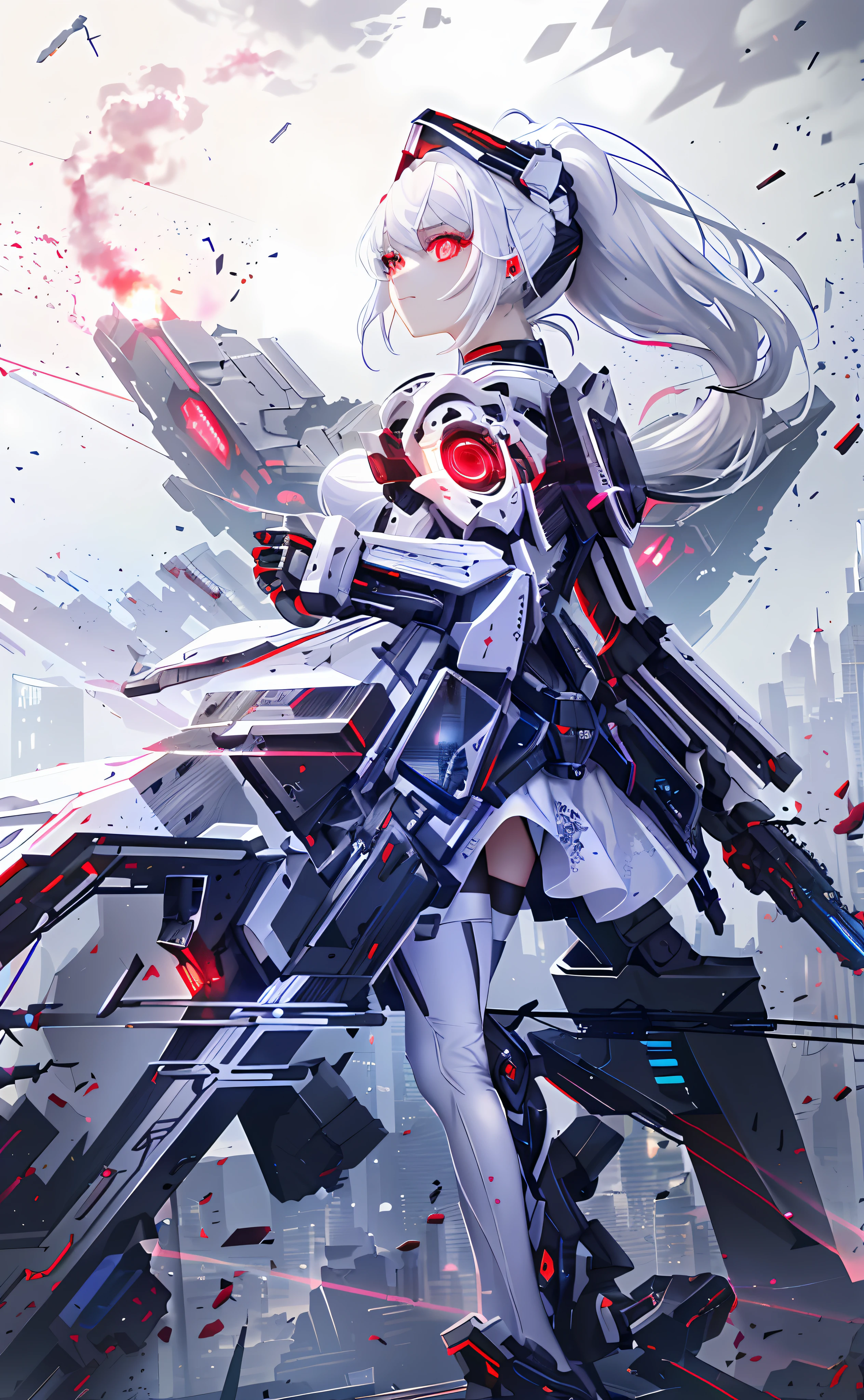 Very accurate details, highly detailed 8K wallpaper, (Extraordinary Pretty Girl: 1.5), Break, Light White Hair, Ponytail, Exoskeleton Spine, Tights, (Red Glowing Eyes: 1.1), Break, Perfect Five Fingers, Headgear, Break, (Dynamic Angle: 1.4), White Miniskirt, Cyberpunk, World Destruction,