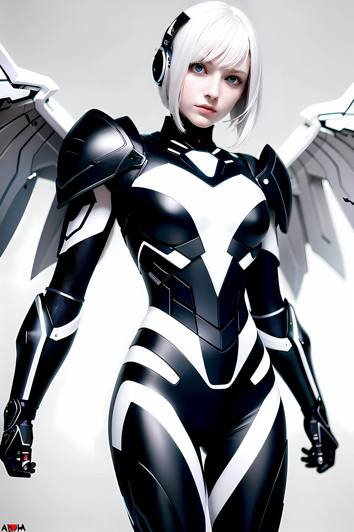 Ultra realistic, portrait, white-skinned beauty, stylish black mech armor with visible body lines, 6 white wings, fantastic ruin background, anger