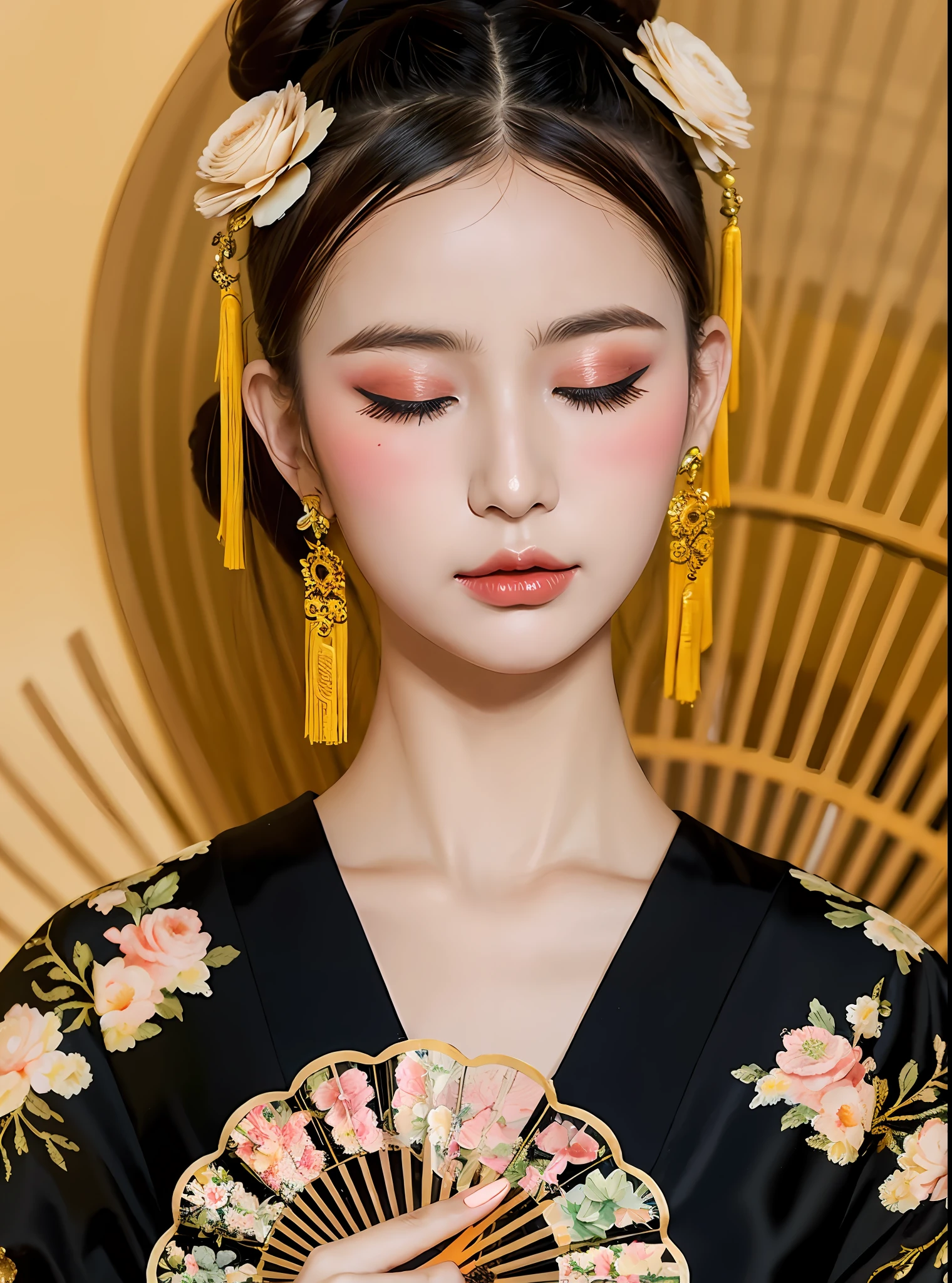 1girl, black hair, china dress, chinese clothes, closed eyes, closed mouth, dress, flower, hair bun, hair ornament, hand fan, holding, holding fan, makeup, painting \(medium\), paper fan, portrait, solo, watercolor \(medium\),fashi-g