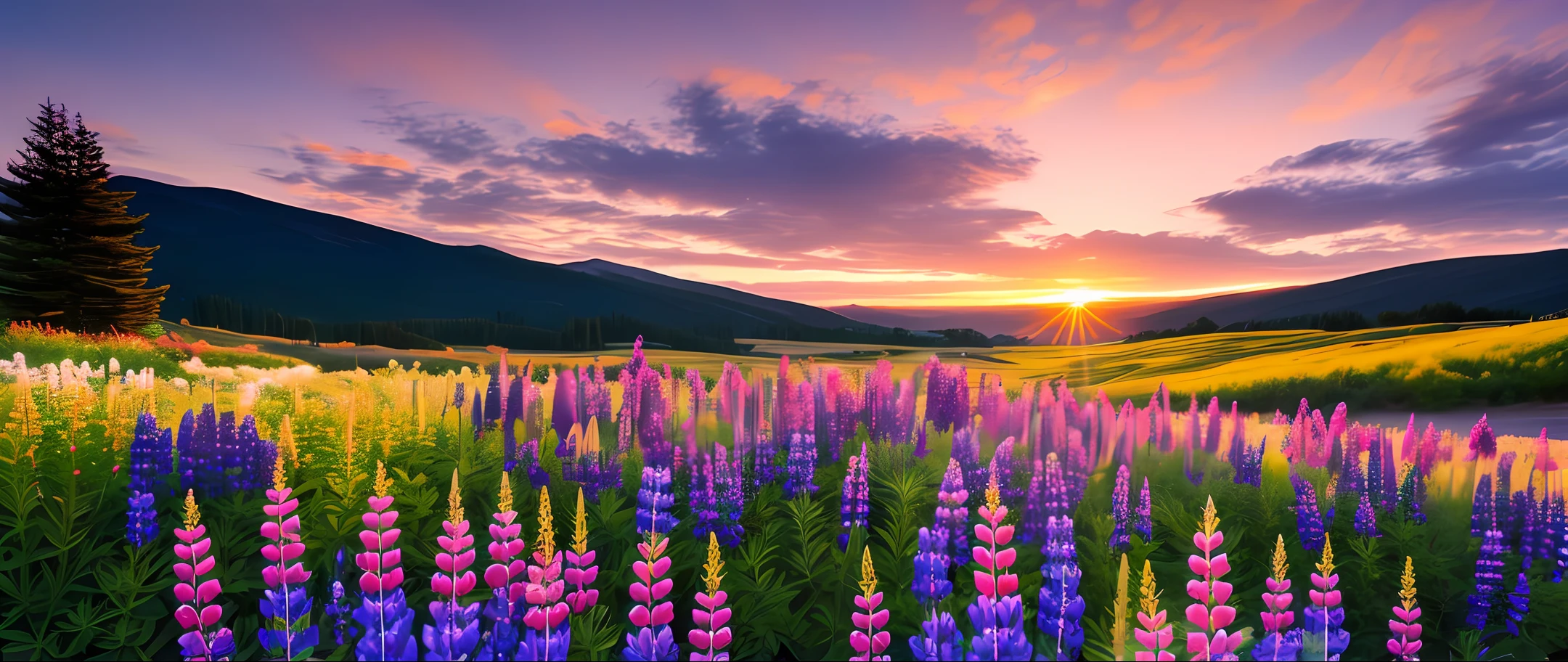 Sunset landscape with lupines and chamomiles