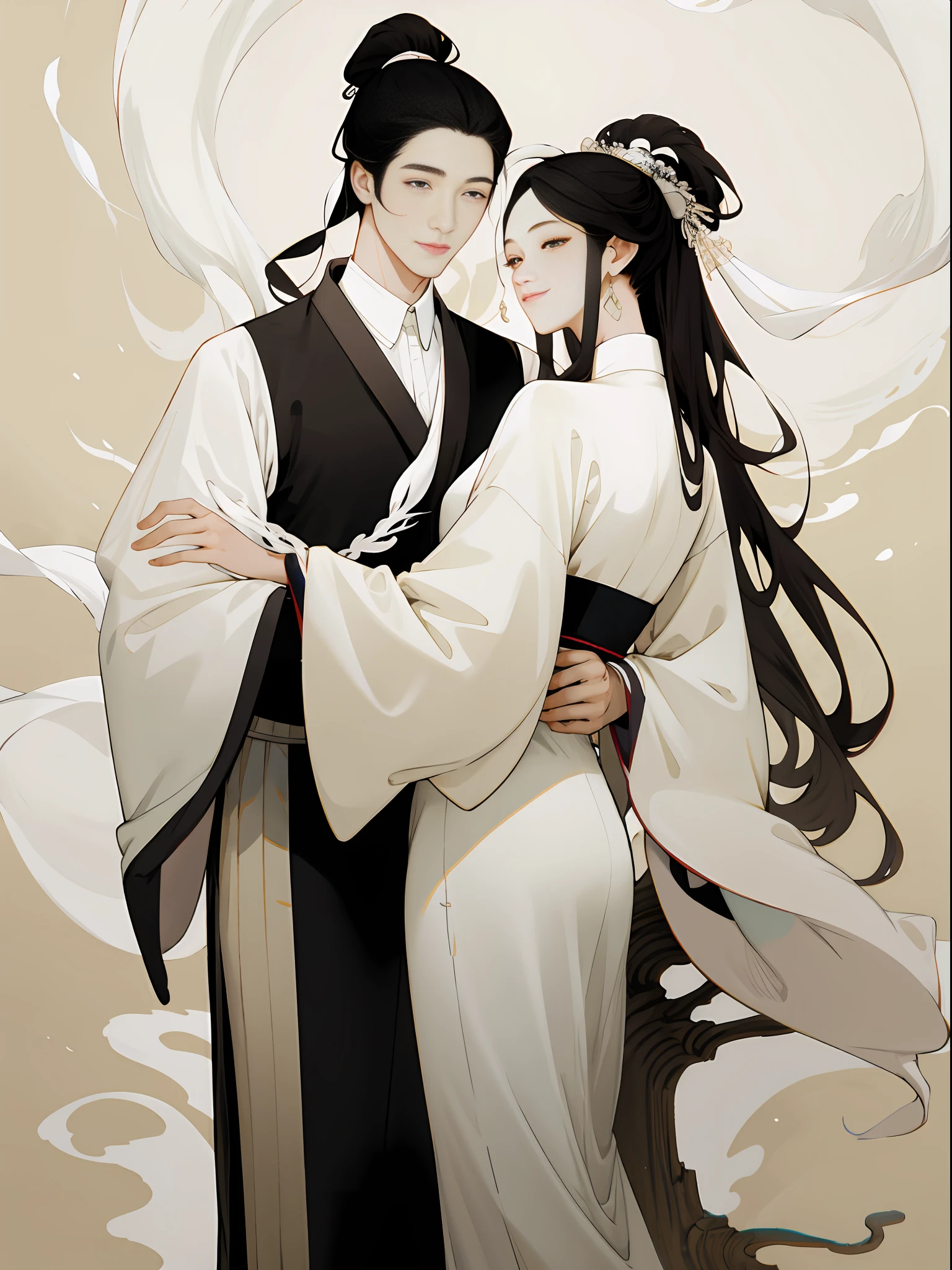 (an ancient Chinese couple, beautiful girl and boy), big watery eyes, looking at each other, smiling and wearing white clothes, delicate hair, (an ancient Chinese beauty) ,(an ancient Chinese Handsome man), wearing ancient Chinese clothing, flowing tulle, light silk, (clean background), ink painting style, clean color, decisive cutting, blank, freehand, masterpiece, super detailed, epic composition, high quality, the highest quality, 4k