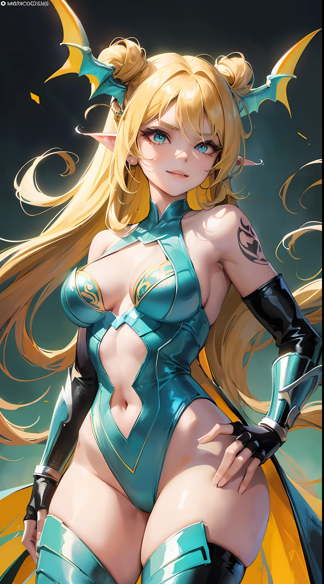 Young girl, long blonde hair, turquoise eyes, wide neckline, inner, tattoo, smirk, superhero costume, dragon claws, dragon tail, masterpiece, high quality