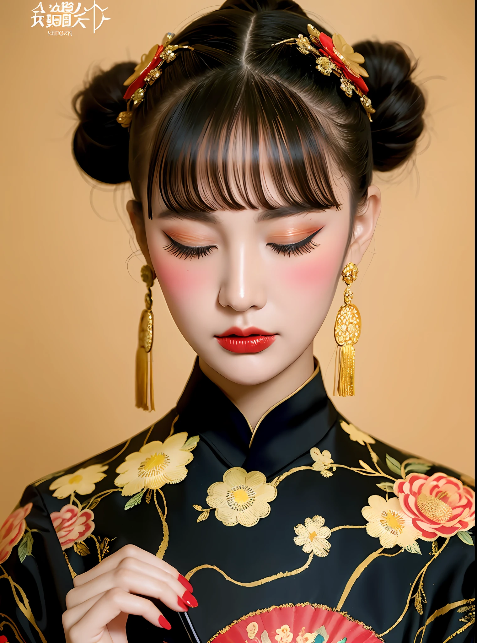 1girl, black hair, china dress, chinese clothes, closed eyes, closed mouth, dress, flower, hair bun, hair ornament, hand fan, holding, holding fan, makeup, painting \(medium\), paper fan, portrait, solo, watercolor \(medium\),fashi-g