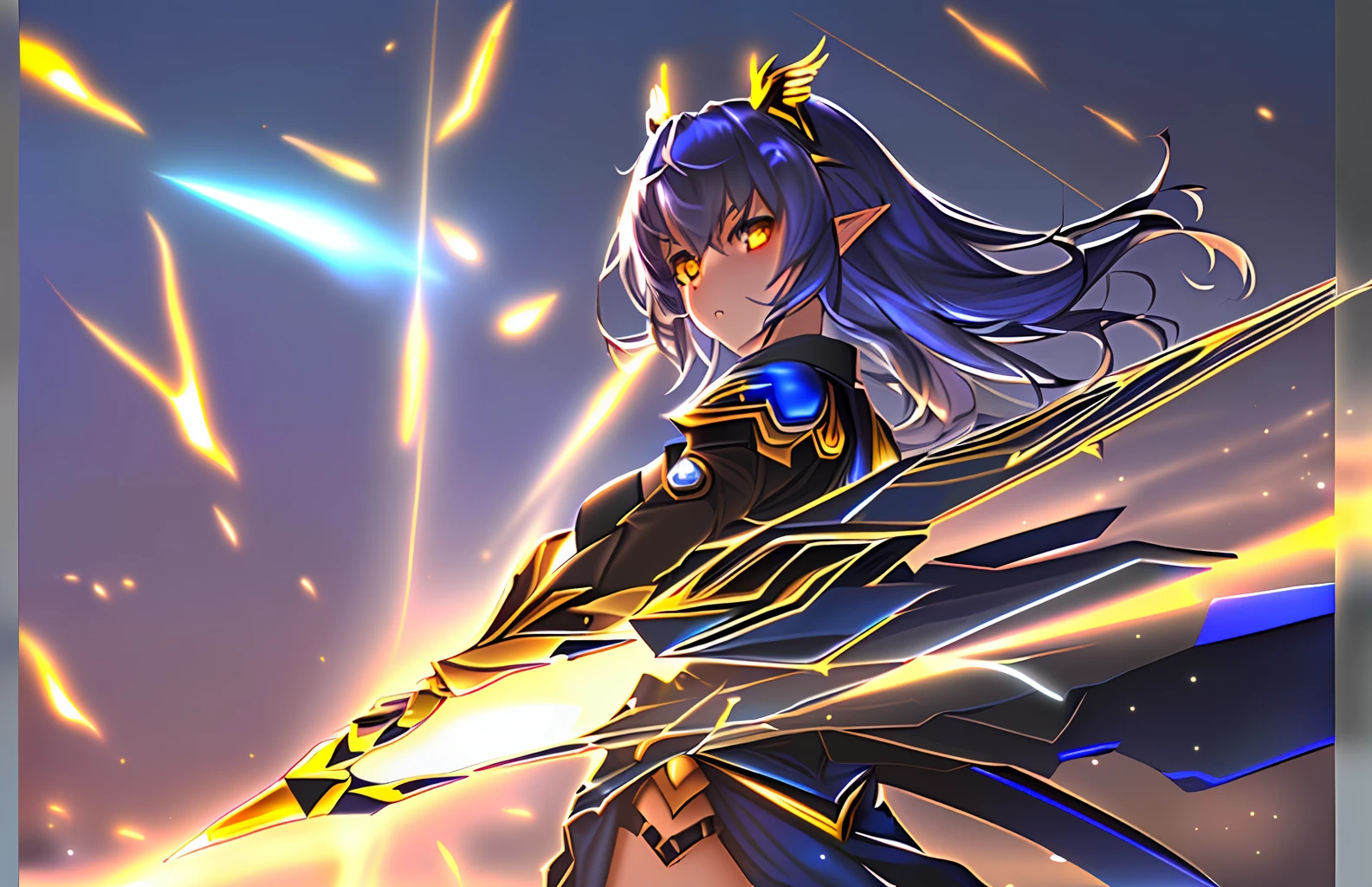 Masterpiece,(Top Quality), High Definition, Ultra Definition, 1 Girl, (Mechanical Wings: Golden, Glowing Eyes: Blue, Golden Armor: 1.2, Elongated Ears: 0.8), (Cyberpunk City: 1.5, Weapon: Energy Blade), (Fantasy Landscape: 1.2, Natural Light: 1.5, Confident Expression), Anger, Demon, K-pop Idol Face