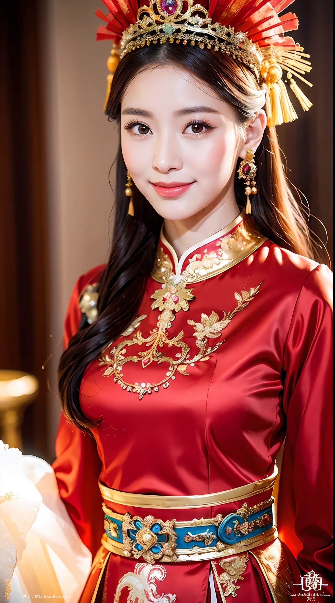 (8k, RAW Photo, Best Quality, Masterpiece: 1.2), (Realistic, Realistic: 1.37), 1 Girl, Aalfite Woman Posing for Photo in Red Dress and Headdress, Gorgeous Role Play, Beautiful Costume, Intricate Fantasy Dress, Beautiful Fantasy Queen, Chinese Dress, Complex Dress, Complex Costume, Traditional Beauty, Gorgeous Chinese Model, Chinese Costume, Wearing Gorgeous Costume, Wearing Elegant Chinese Xiuhe Dress, Chinese Wedding Dress, Phoenix Crown Xia Hanging, Antique Bride, Xiuhe Dress, Close-up, close-up, crown on head, smile, no watermark