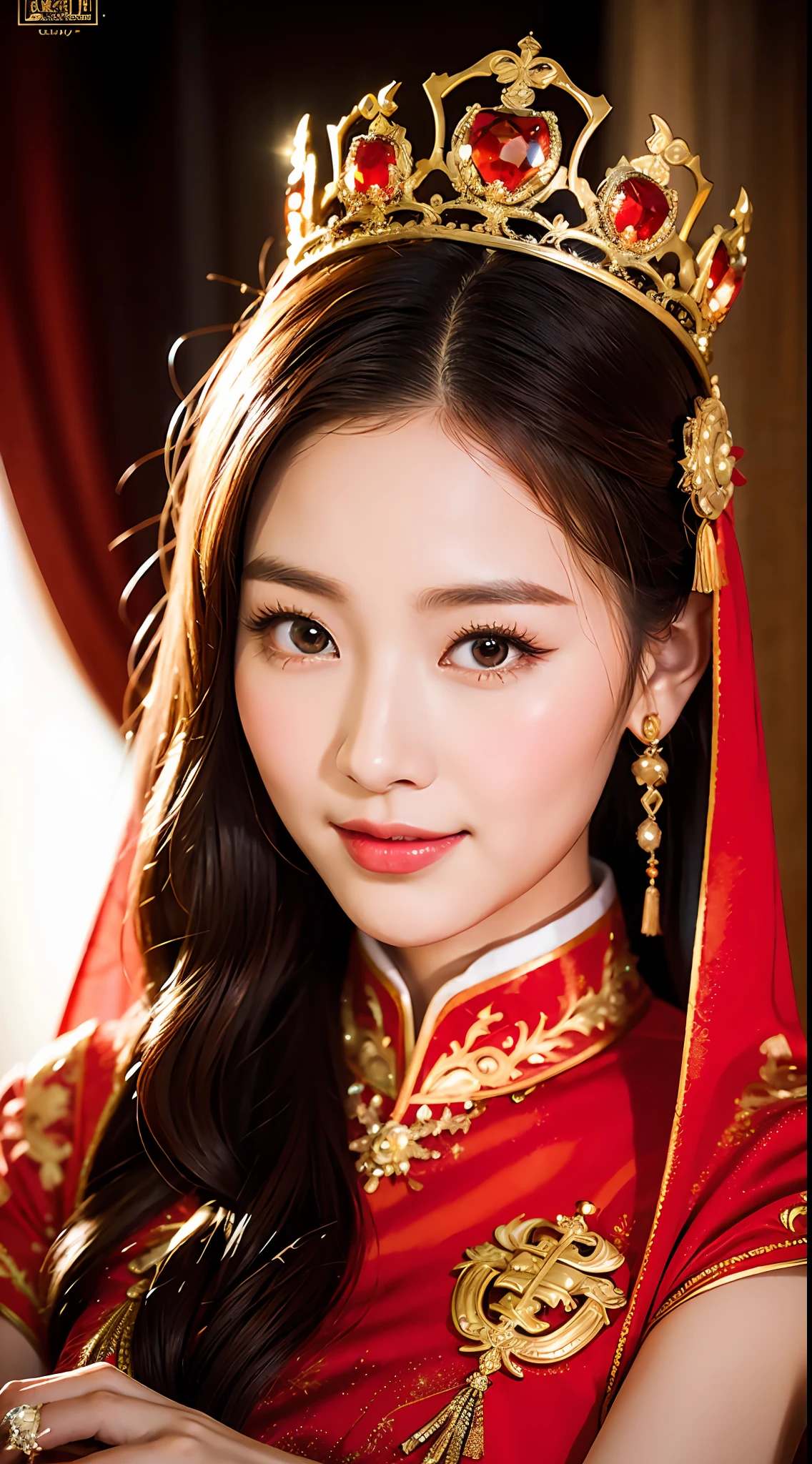 (8k, RAW Photo, Best Quality, Masterpiece: 1.2), (Realistic, Realistic: 1.37), 1 Girl, Aalfite Woman Posing for Photo in Red Dress and Headdress, Gorgeous Role Play, Beautiful Costume, Intricate Fantasy Dress, Beautiful Fantasy Queen, Chinese Dress, Complex Dress, Complex Costume, Traditional Beauty, Gorgeous Chinese Model, Chinese Costume, Wearing Gorgeous Costume, Wearing Elegant Chinese Xiuhe Dress, Chinese Wedding Dress, Phoenix Crown Xia Hanging, Antique Bride, Xiuhe Dress, Close-up, close-up, crown on head, smile, no watermark