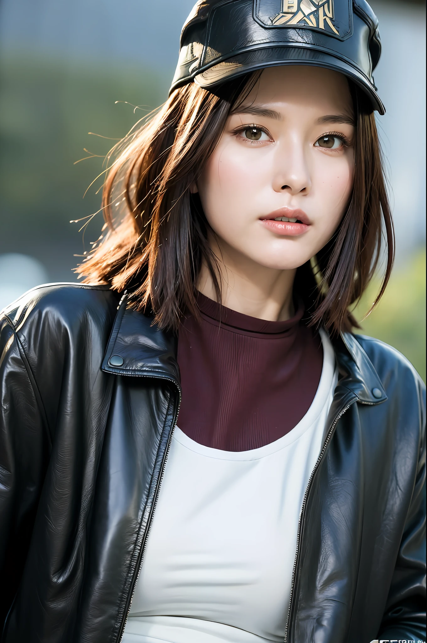 ((8k:1.27), best quality, masterpiece, ultra high resolution:1.2) Photo of Japanese pretty woman (beautiful:1.1) (sci-fi warrior woman:1.1) space soldier, (cap:1.61) (leather jacket:1.21) intricate elegant, fantasy, detailed, metric by Greg Rutkowski and Alphonse Mucha, degraded lighting with an elderly lord clutching her huge tits