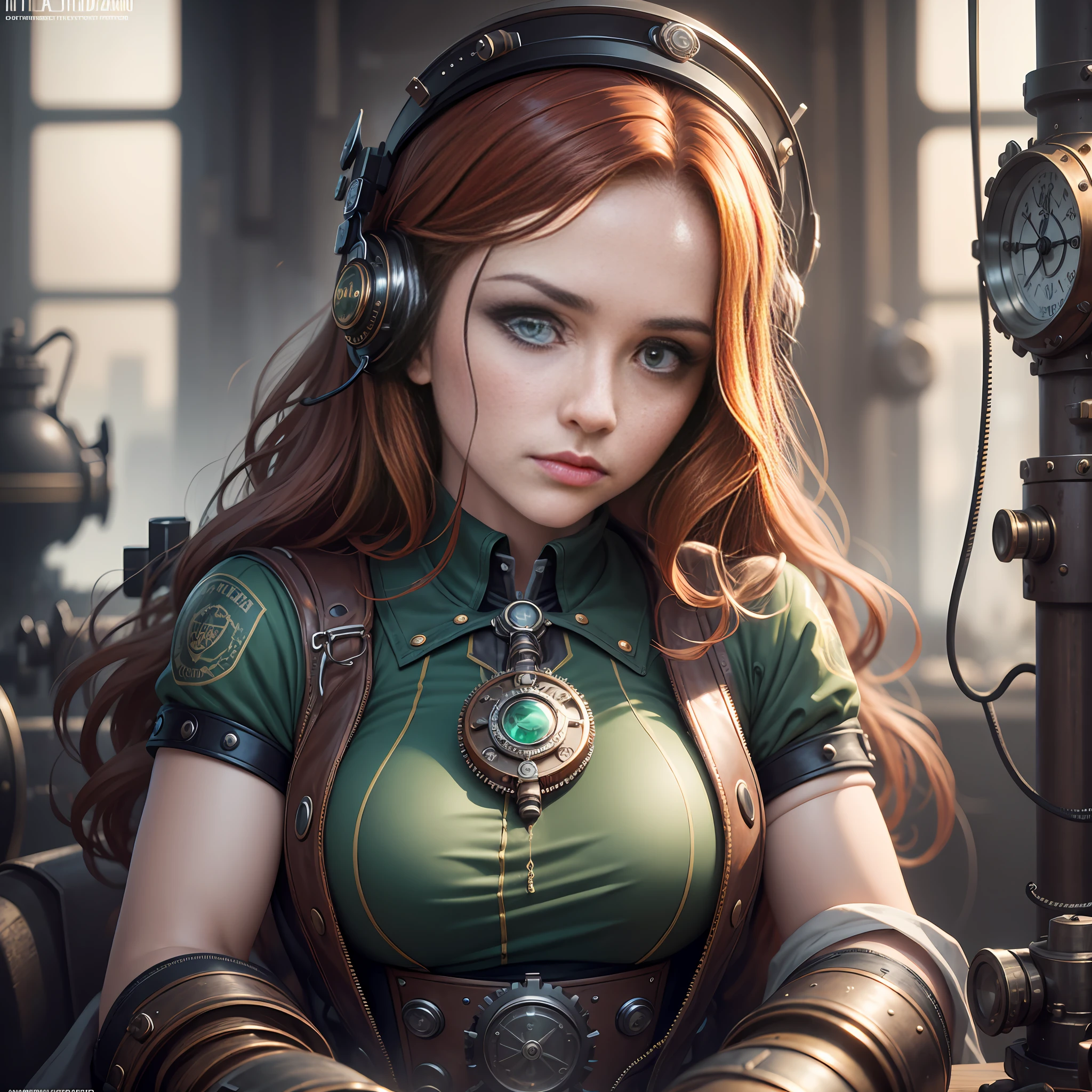 Masterpiece, absurdres, award winning photo, extremely detailed, amazing, fine detail, extremely detailed eyes and face, by lee jeffries nikon d850, film stock photograph, 4 kodak portra 400 camera, f1.6 lens, rich colors, hyper realistic lifelike texture, dramatic lighting, unrealengine trending on artstation cinestill 800 tungsten, beautiful rud woman, a woman with long ginger hair and dark green eyes, perfect rud face, perfect rud body, hyper photorealism, very high contrast photograph, street photography, cinematic lighting, dramatic lighting, (a 19 yo girl, (Ana de Armas:0.50), (redhead:1.1)), very cute, (perfect eyes:1.1), photorealistic wavy hair, looking down at her own hand, steampunk jumpsuit, intercom headset, steampunk choker, long leather boots, perfect detailed face, detailed symmetric green eyes with circular iris, fixing a steam engine in the steampunk garage filled with steam and smoke, intricate, hdr, intricate details, detailed, cinematic, cogs and gears, steamy background with lots of steam pipes and steam valves and pressure gauges and gears, realistic, stunning realistic photograph, 3d render, octane render, cinematic, Isometric, Centered, hyperealistic cover photo, awesome full color, 12k, high definition, portrait featured on unsplash, smooth, ultra high definition, 8k, ultra sharp focus, intricate artwork, masterpiece, ominous, epic, highly detailed, warm cinematic, a girl in a light gray uniform sitting on a machine, young girl in steampunk clothes, in a steampunk laboratory, steampunk inventor girl, in a steampunk world, woman in a dark factory, steampunk fantasy style, steampunk , steampunk aesthetic --auto --s2