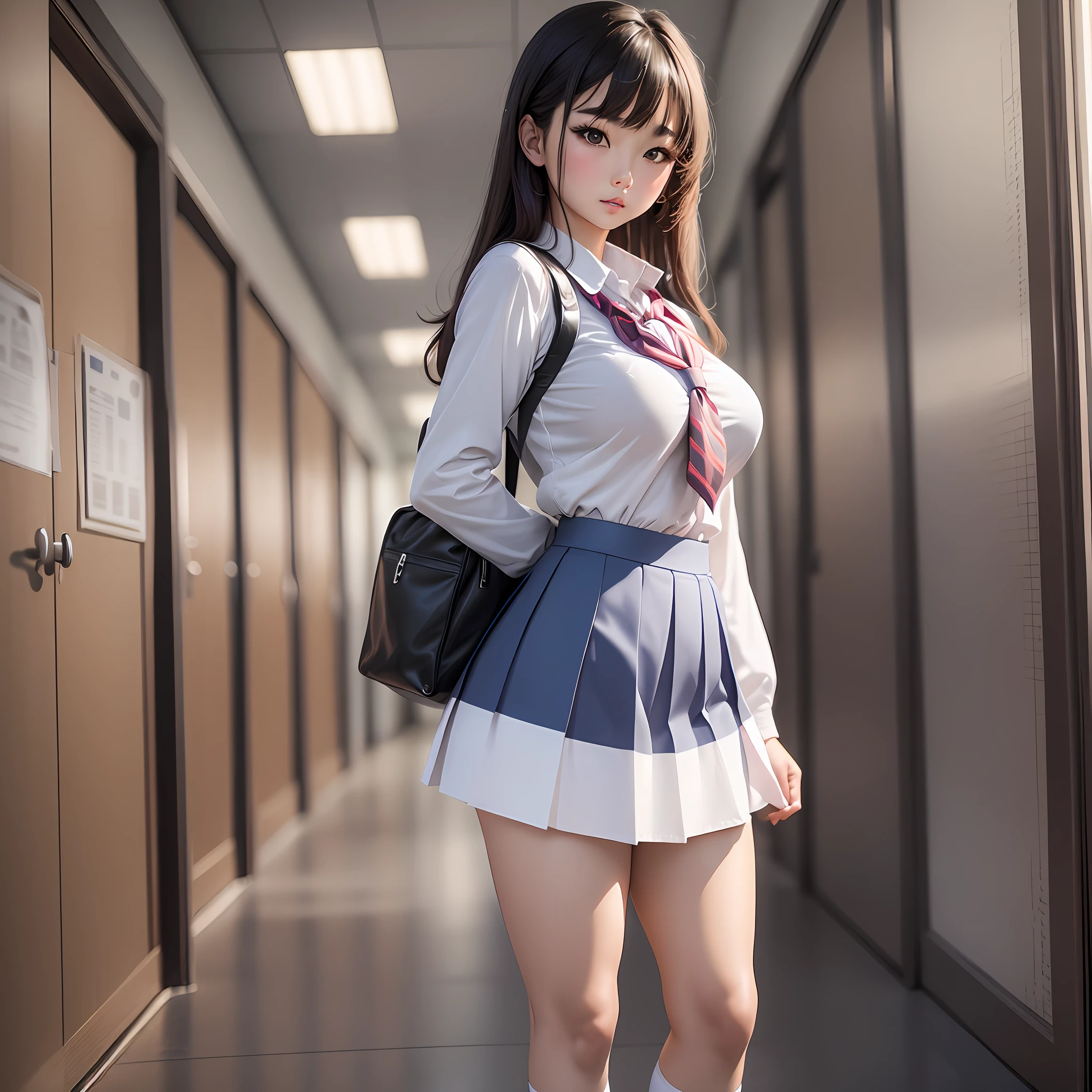 1girl, asian woman standing at school, posing for photos, a surreal schoolgirl, (single, full body: 1.2, young, big breasts: 1.2), cute schoolgirl, golden ratio figure, funny costume, surreal schoolgirl, JK uniform, smooth white tights suit, schoolgirl, gorgeous Chinese model, seductive anime girl, japanese model, sexy outfit,