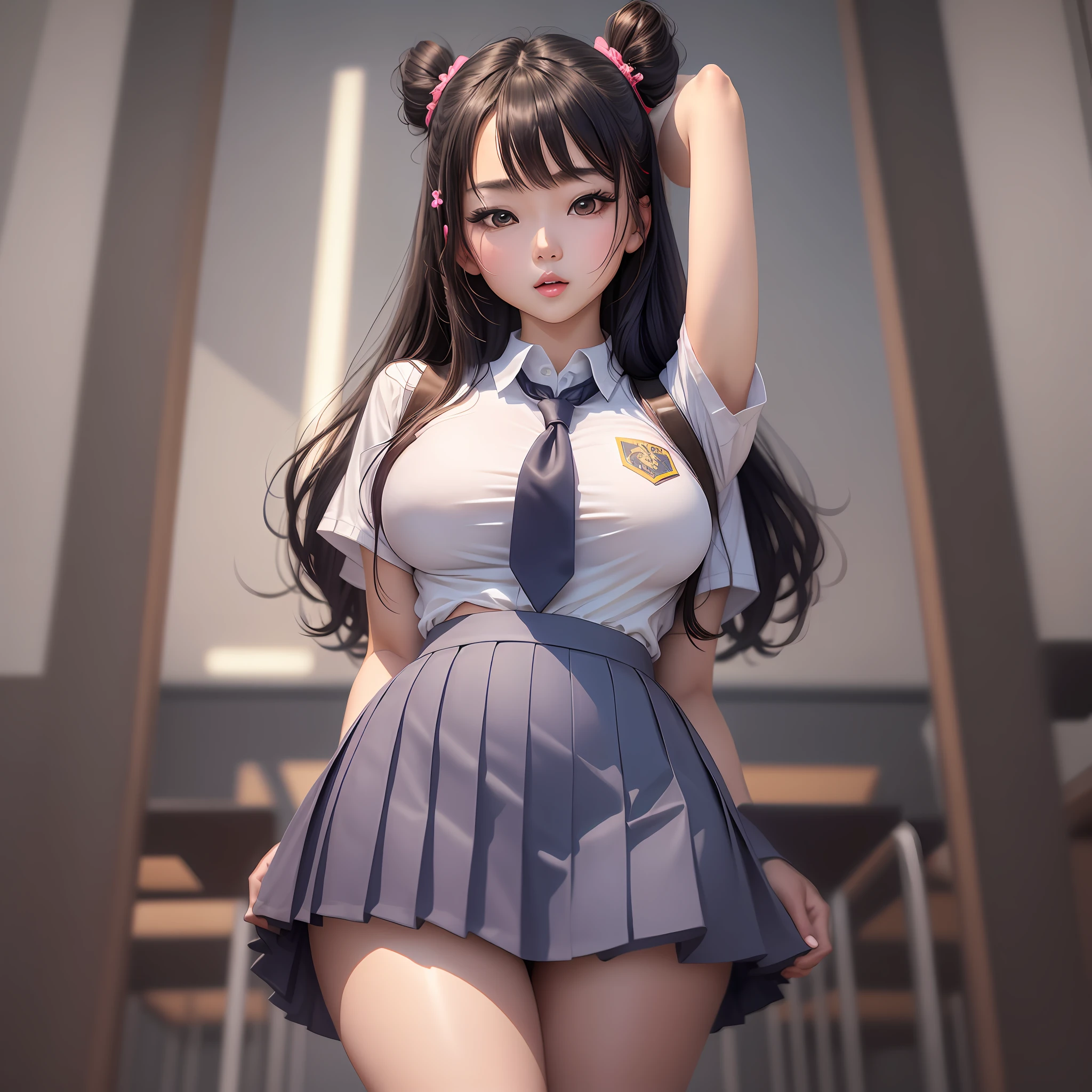 1girl, asian woman standing at school, posing for photos, a surreal schoolgirl, (single, full body: 1.2, young, big breasts: 1.2), cute schoolgirl, golden ratio figure, funny costume, surreal schoolgirl, JK uniform, smooth white tights suit, schoolgirl, gorgeous Chinese model, seductive anime girl, japanese model, sexy outfit,