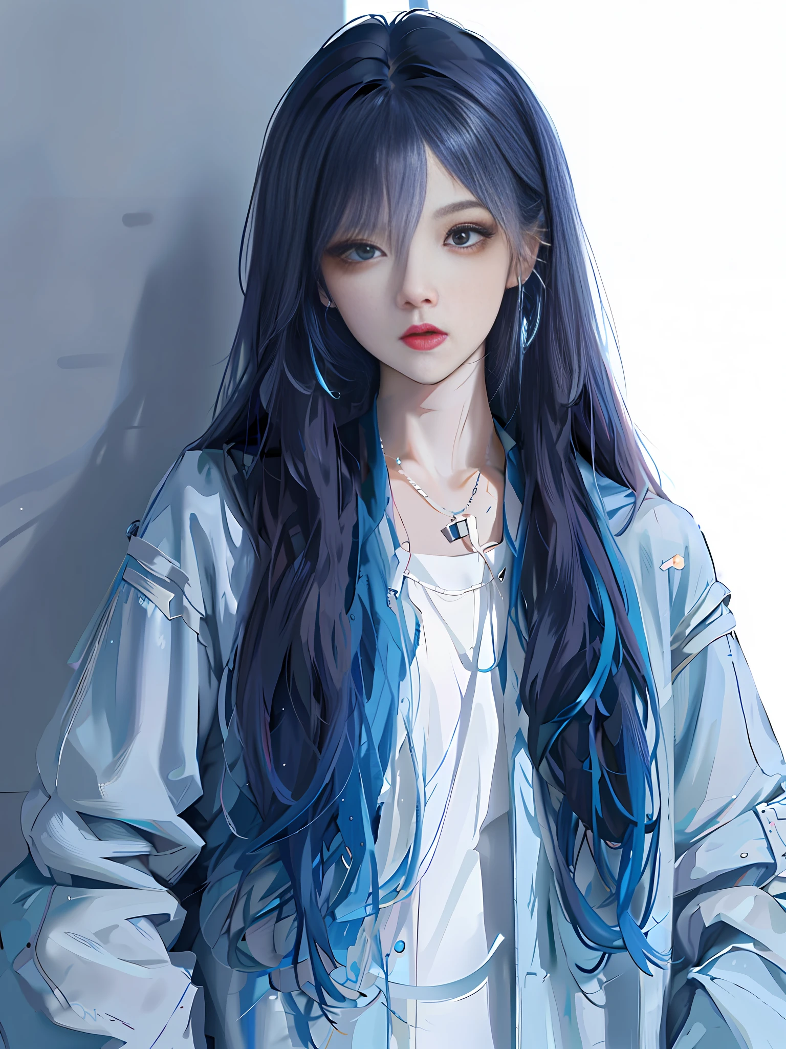 a close up of a person with long hair wearing a blue jacket, anime girl with long hair, anime style. 8k, realistic young anime girl, beautiful anime style, beautiful blue haired girl, realistic anime artstyle, girl with blue hair, style anime, anime styled, young anime girl, beautiful anime girl, realistic anime 3 d style, anime style