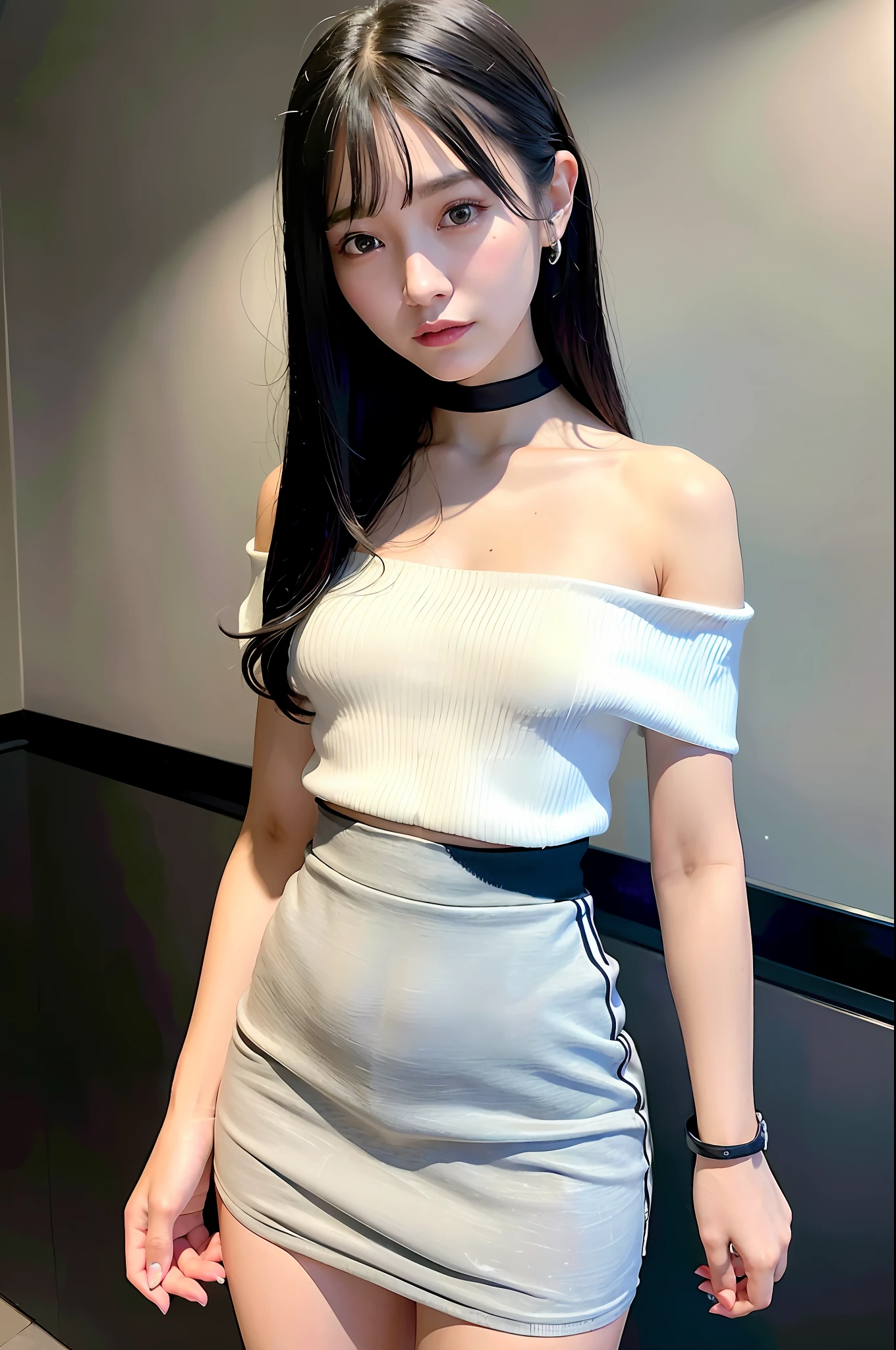 Top Quality, Ultra High Definition, (Photorealistic: 1.4), 1 girl, off-the-shoulder white shirt, black tight skirt, black choker, (faded ash-gray hair: 1), look viewer, close-up, slender legs, small breasts