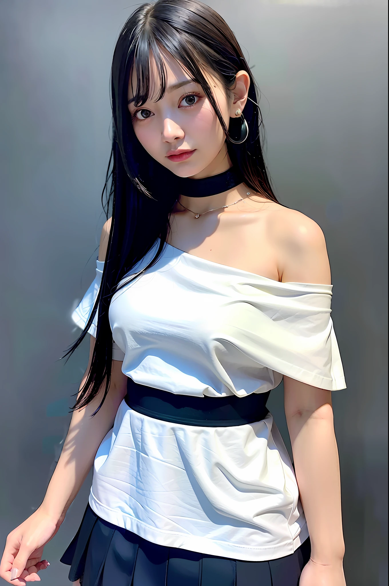 Top Quality, Ultra High Definition, (Photorealistic: 1.4), 1 girl, off-the-shoulder white shirt, black tight skirt, black choker, (faded ash-gray hair: 1), look viewer, close-up, slender legs, small breasts
