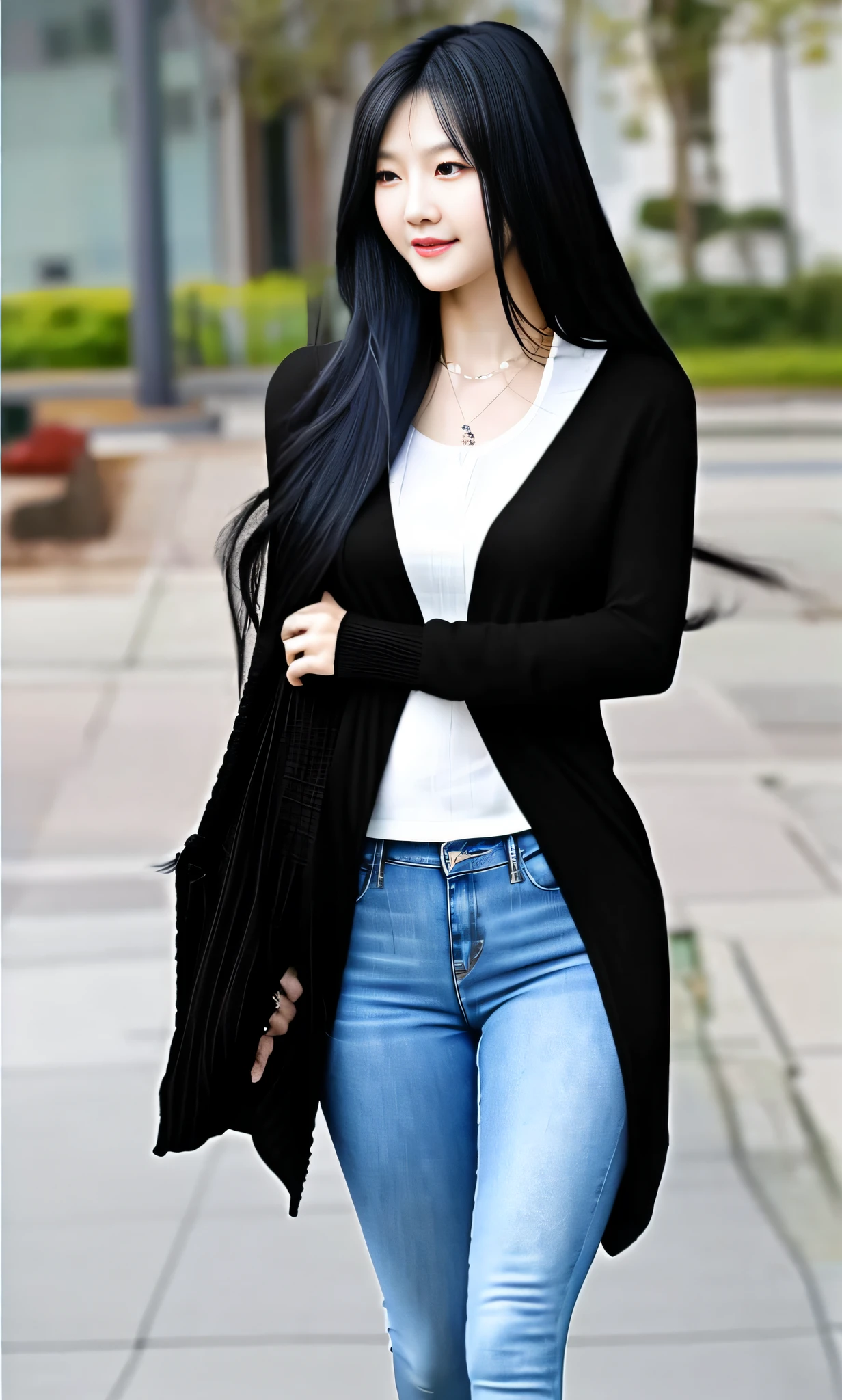 Masterpiece, highest quality, perfect body, perfect face shape, asian woman, long black hair, slip cardigan, skinny jeans, beautiful sexy, high quality, high rendering, solo