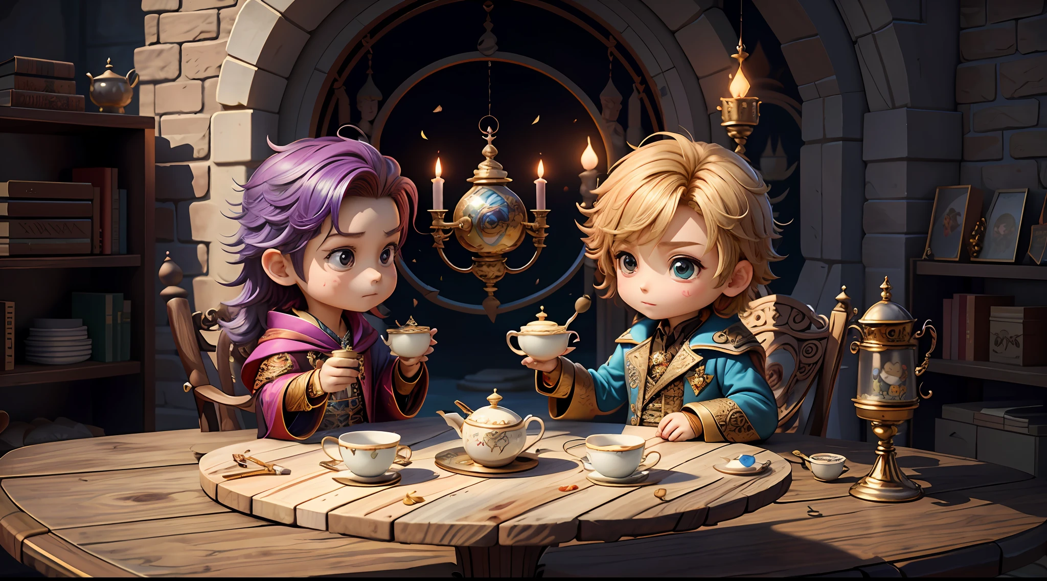 Masterpiece, best quality, chibi, wizard tea party, handsome male witch, beautiful witch, happy, vibrant, colorful