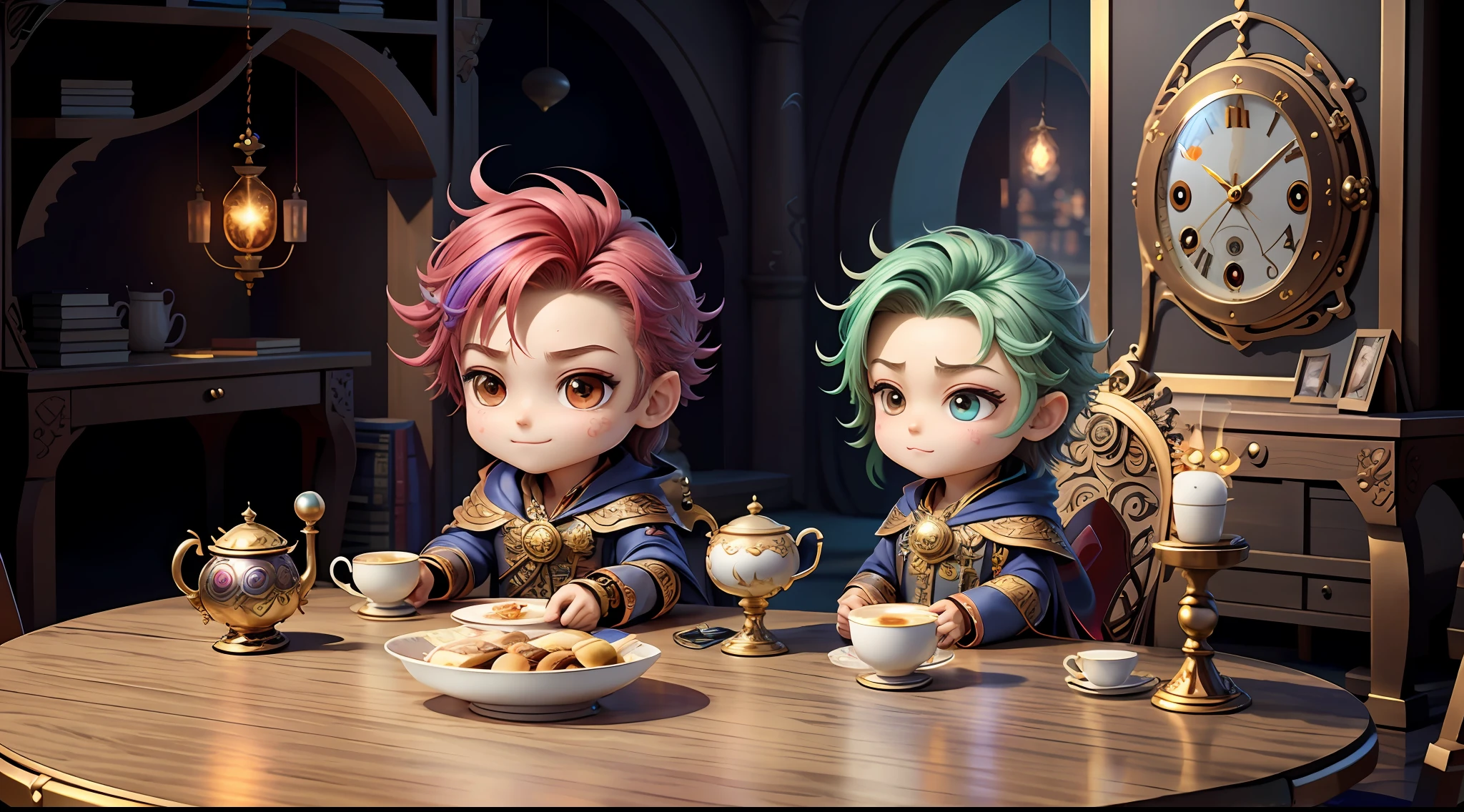 Masterpiece, best quality, chibi, wizard tea party, handsome male witch, beautiful witch, happy, vibrant, colorful