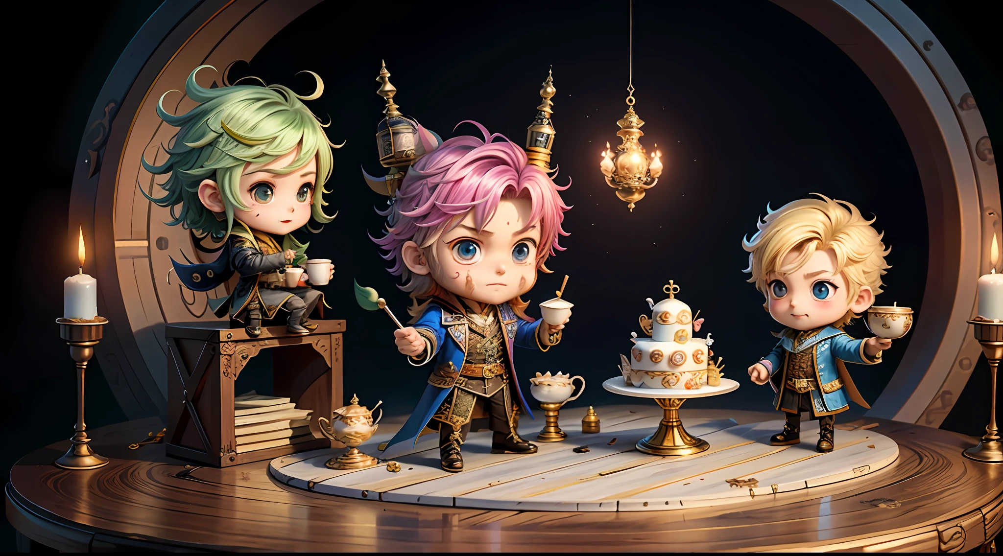 Masterpiece, best quality, chibi, wizard tea party, handsome male witch, beautiful witch, happy, vibrant, colorful