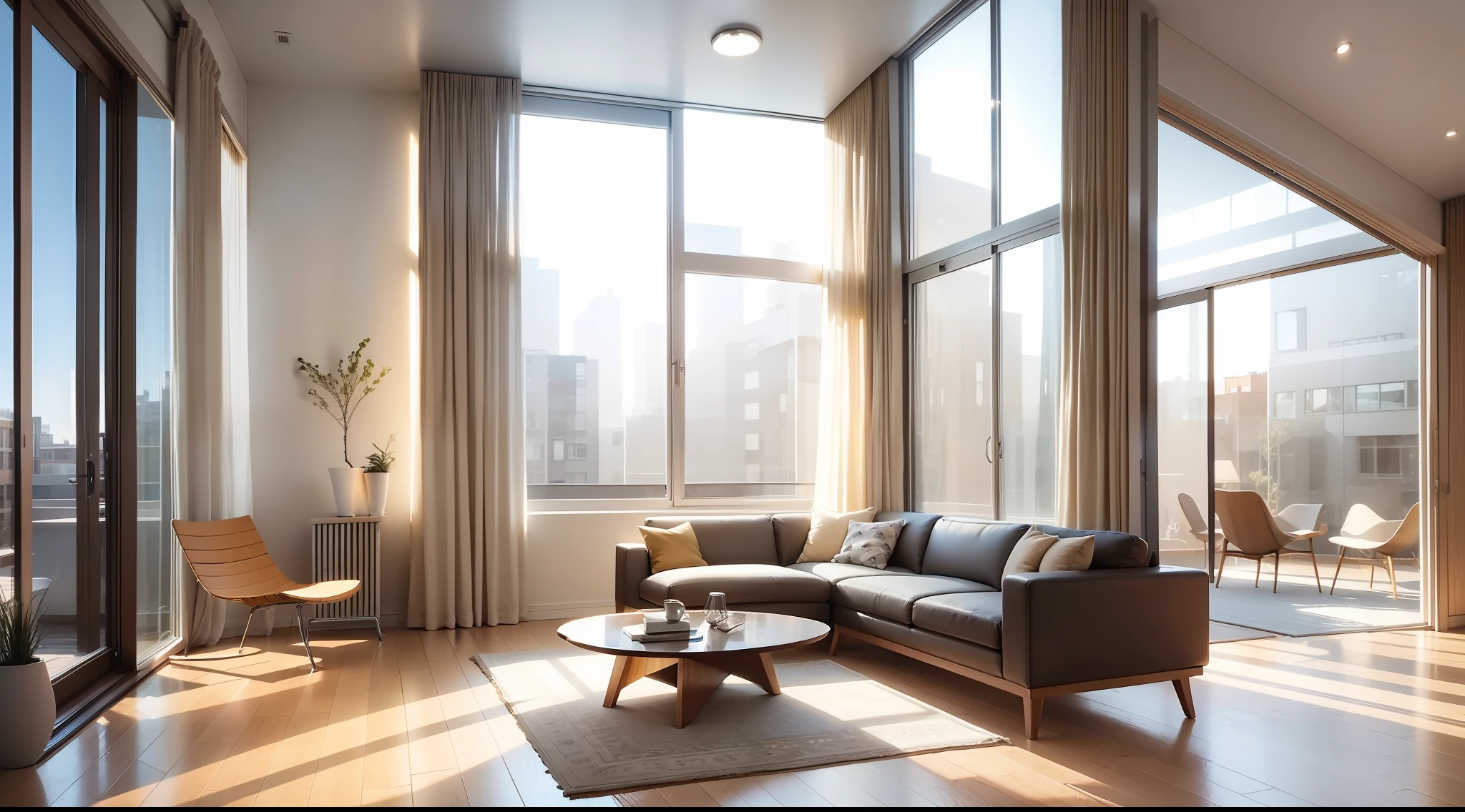Interior design, living room, Nordic style, floor-to-ceiling windows, sunlight, high floors