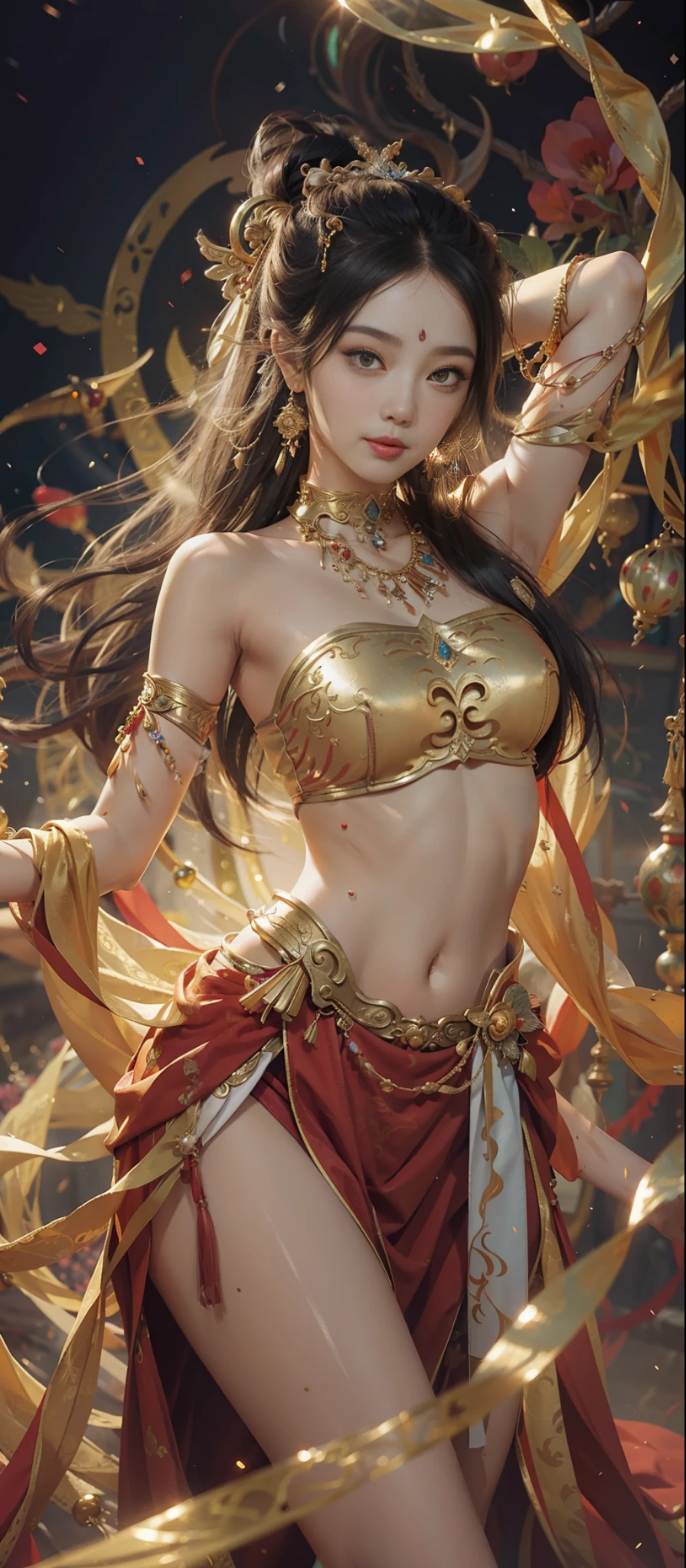 Dunhuang style, 1girle, shoulders, navel, flying fairy, Dunhuang mural in background, dance, black hair, very long hair, hair accessories, ribbons, earrings, gold jewelry, hair bubbles, copper bells, red clothes, flowers on the head, gradient eyes, smile, surrealism, high detail, romanticism, cinematic lighting, glitter, reflected light, masterpiece, super detail, textured skin, anatomically correct, high detail, best quality, high quality, award-winning, 8K