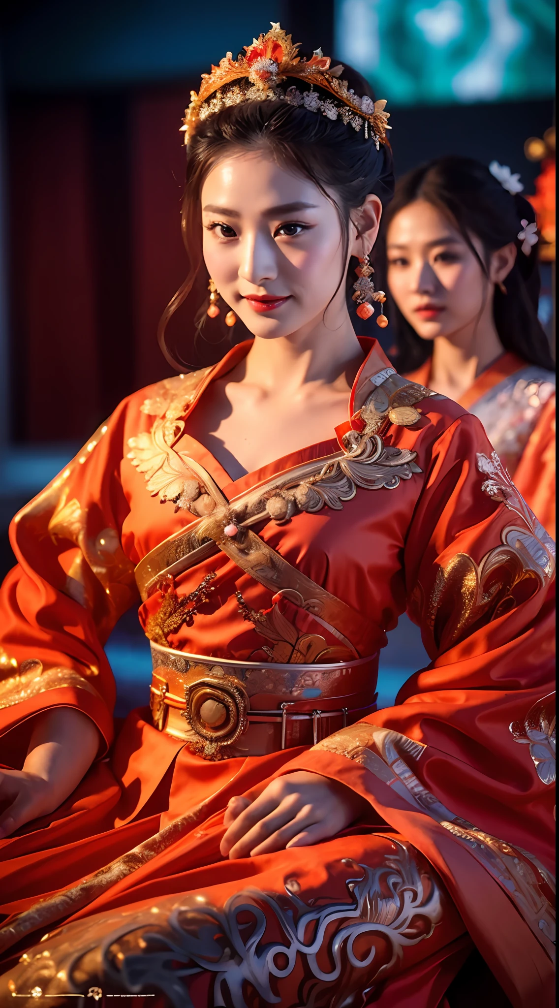 (8k, RAW Photo, Best Quality, Masterpiece: 1.2), (Realistic, Realistic: 1.37), 1 Girl, Woman in Red Dress and Headdress Posing for Photo, Gorgeous Role Play, Beautiful Costume, Chinese Dress, Complex Dress, Complex Costume, Traditional Beauty, Gorgeous Chinese Model, Chinese Costume, Wearing Gorgeous Costume, Wearing Elegant Chinese Xiuhe Dress, Chinese Wedding Dress, Phoenix Crown Xia Hanging, Antique Bride, Xiuhe Costume, Close Up, Wearing Phoenix Crown, Smile, No Watermark, Dragon and phoenix embroidered dress