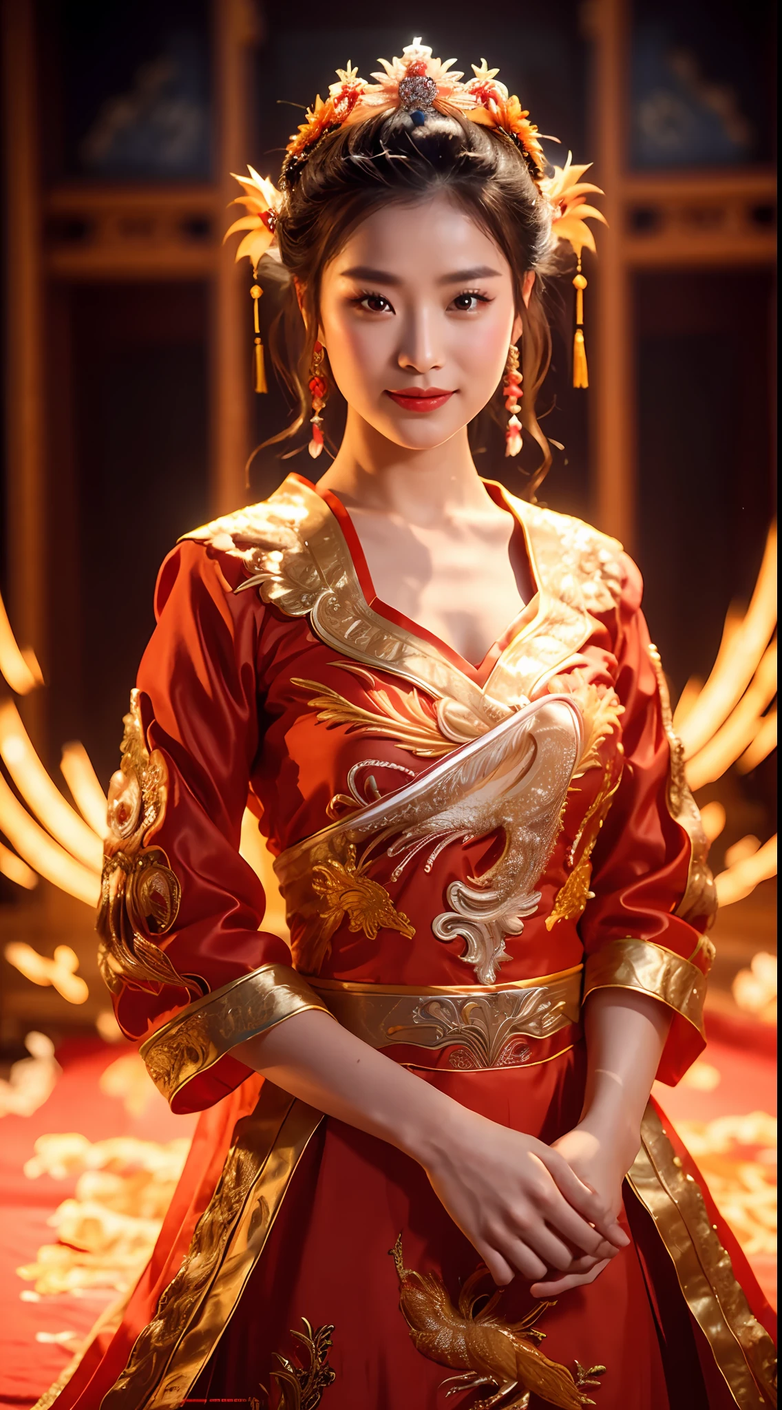 (8k, RAW Photo, Best Quality, Masterpiece: 1.2), (Realistic, Realistic: 1.37), 1 Girl, Woman in Red Dress and Headdress Posing for Photo, Gorgeous Role Play, Beautiful Costume, Chinese Dress, Complex Dress, Complex Costume, Traditional Beauty, Gorgeous Chinese Model, Chinese Costume, Wearing Gorgeous Costume, Wearing Elegant Chinese Xiuhe Dress, Chinese Wedding Dress, Phoenix Crown Xia Hanging, Antique Bride, Xiuhe Costume, Close Up, Wearing Phoenix Crown, Smile, No Watermark, Dragon and phoenix embroidered dress