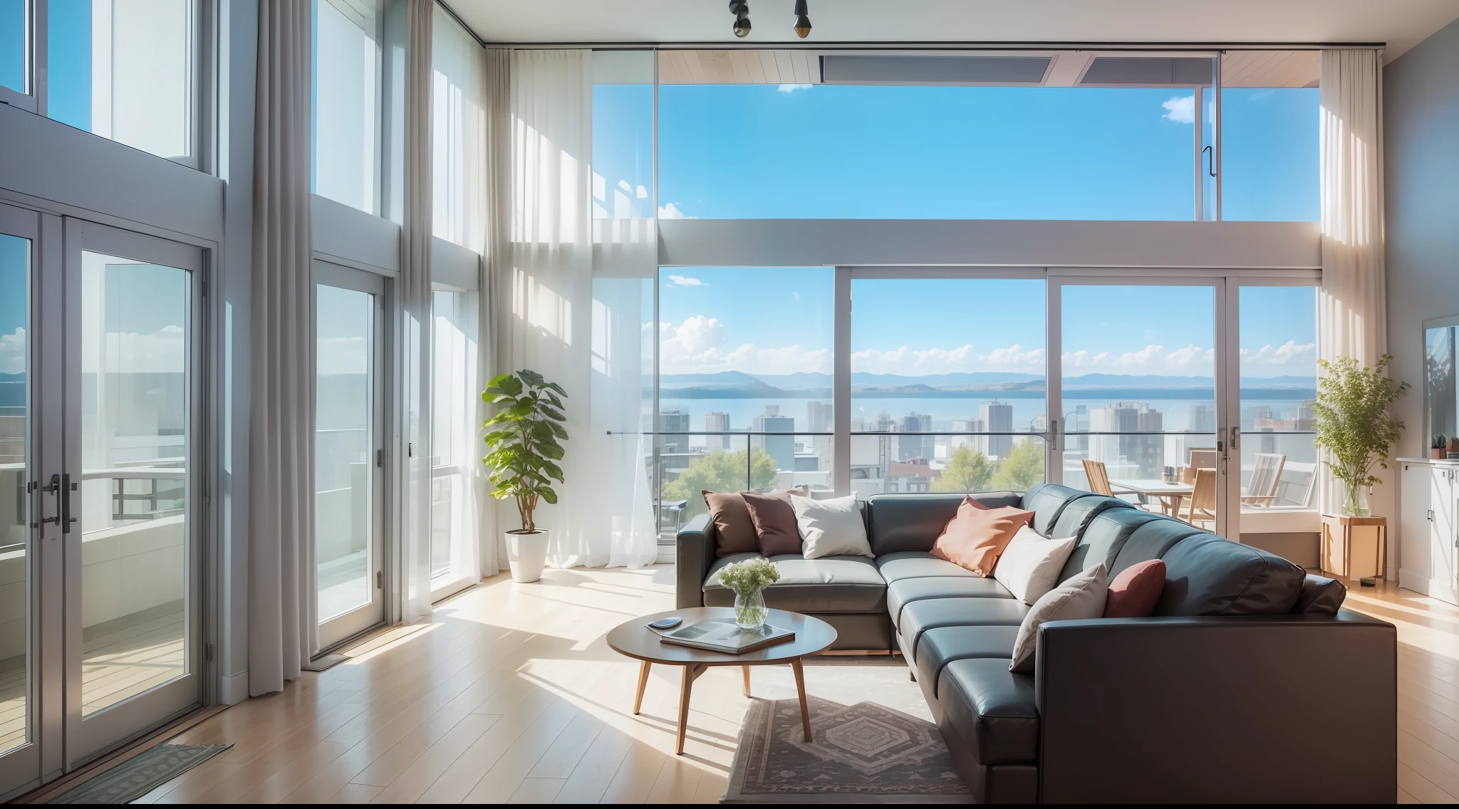 Interior design, living room, Nordic style, floor-to-ceiling windows, sunlight, high floors, panorama