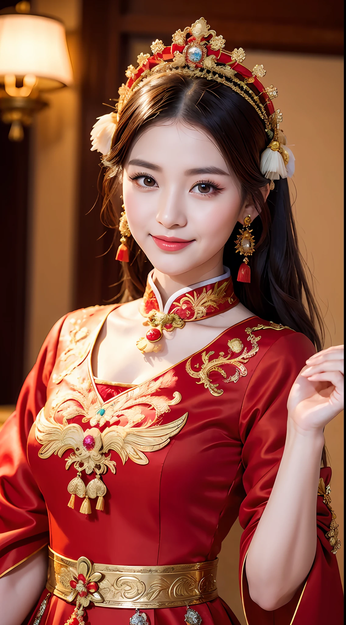 (8k, RAW Photo, Best Quality, Masterpiece: 1.2), (Realistic, Realistic: 1.37), 1 Girl, Woman in Red Dress and Headdress Posing for Photo, Gorgeous Role Play, Beautiful Costume, Chinese Dress, Complex Dress, Complex Costume, Traditional Beauty, Gorgeous Chinese Model, Chinese Costume, Wearing Gorgeous Costume, Wearing Elegant Chinese Xiuhe Dress, Chinese Wedding Dress, Phoenix Crown Xia Hanging, Antique Bride, Xiuhe Costume, Close Up, Wearing Phoenix Crown, Smile, No Watermark, Dragon and phoenix embroidered dress