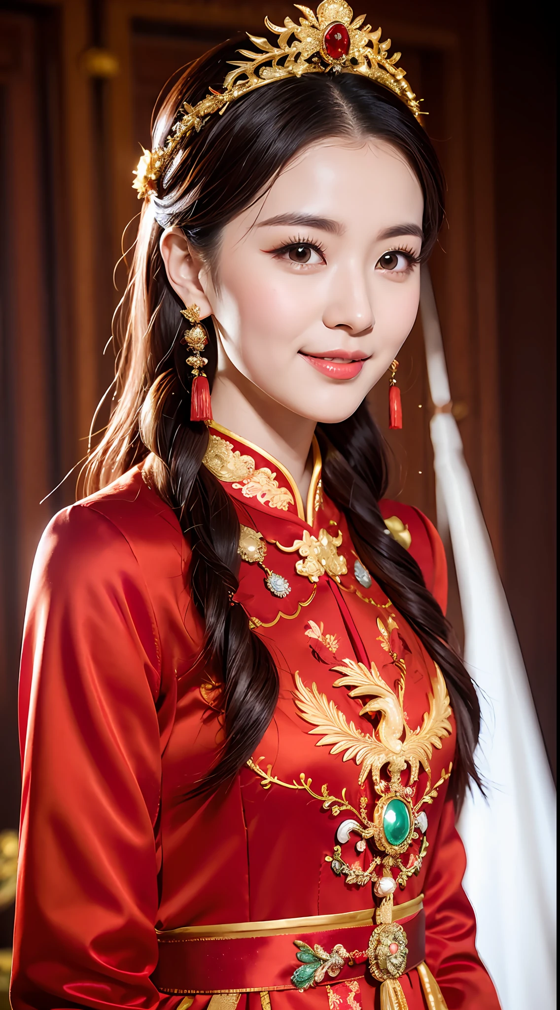 (8k, RAW Photo, Best Quality, Masterpiece: 1.2), (Realistic, Realistic: 1.37), 1 Girl, Woman in Red Dress and Headdress Posing for Photo, Gorgeous Role Play, Beautiful Costume, Chinese Dress, Complex Dress, Complex Costume, Traditional Beauty, Gorgeous Chinese Model, Chinese Costume, Wearing Gorgeous Costume, Wearing Elegant Chinese Xiuhe Dress, Chinese Wedding Dress, Phoenix Crown Xia Hanging, Antique Bride, Xiuhe Costume, Close Up, Wearing Phoenix Crown, Smile, No Watermark, Dragon and phoenix embroidered dress