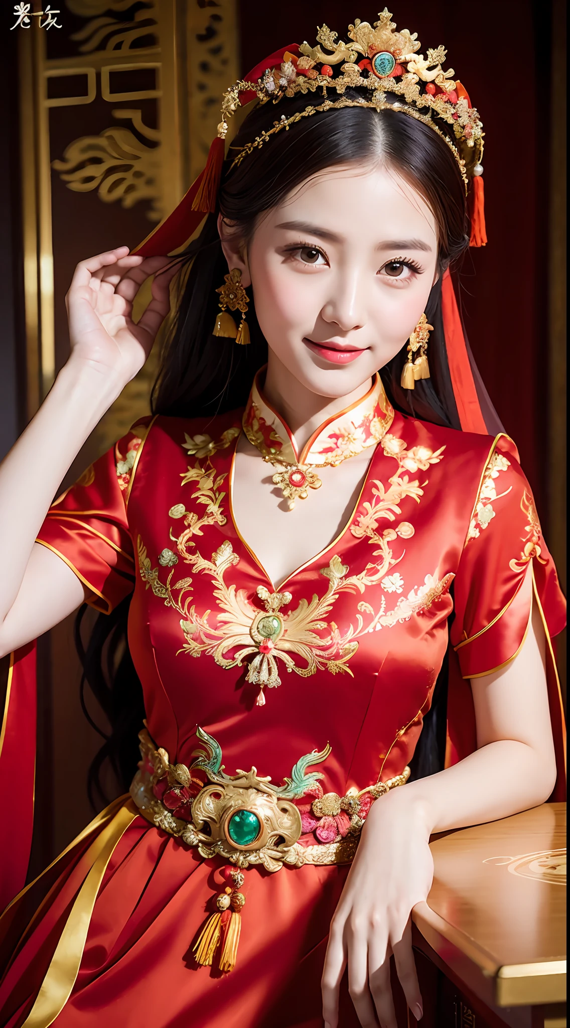 (8k, RAW Photo, Best Quality, Masterpiece: 1.2), (Realistic, Realistic: 1.37), 1 Girl, Woman in Red Dress and Headdress Posing for Photo, Gorgeous Role Play, Beautiful Costume, Chinese Dress, Complex Dress, Complex Costume, Traditional Beauty, Gorgeous Chinese Model, Chinese Costume, Wearing Gorgeous Costume, Wearing Elegant Chinese Xiuhe Dress, Chinese Wedding Dress, Phoenix Crown Xia Hanging, Antique Bride, Xiuhe Costume, Close Up, Wearing Phoenix Crown, Smile, No Watermark, Dragon and phoenix embroidered dress