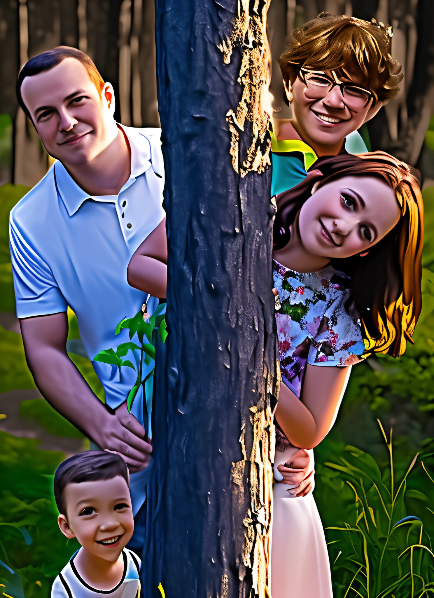 there are three people and a standing next to a tree, cartoon digital painting, photorealistic!!!!!!! art style, enviromental portrait, digital art!!, family portrait, vertical portrait, high quality portrait, realistic portrait photo, digtial painting, cartoon digital art, color portrait, digitally painted, family photo, realistic picture, detailed portrait, portrait n - 9