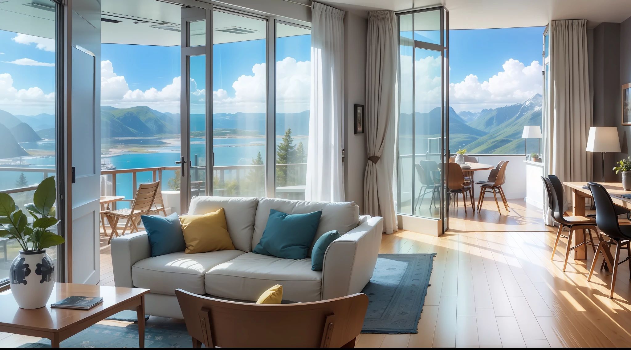 Interior design, living room, Nordic style, floor-to-ceiling windows, sunlight, high floors, panorama