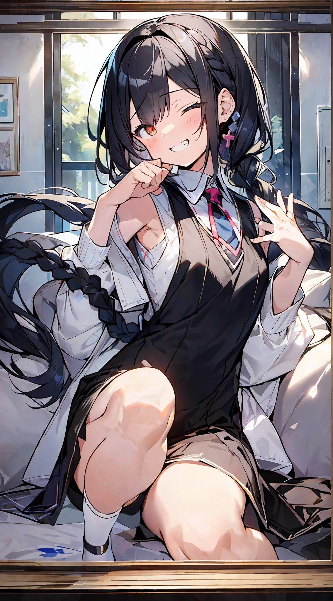 anime girl sitting on a bed with her legs crossed, anime moe artstyle, seductive anime girl, kantai collection style, marin kitagawa fanart, (anime girl), beautiful anime high school girl, from arknights, anime visual of a cute girl, from girls frontline, high detailed official artwork, trending on artstation pixiv, top rated on pixiv