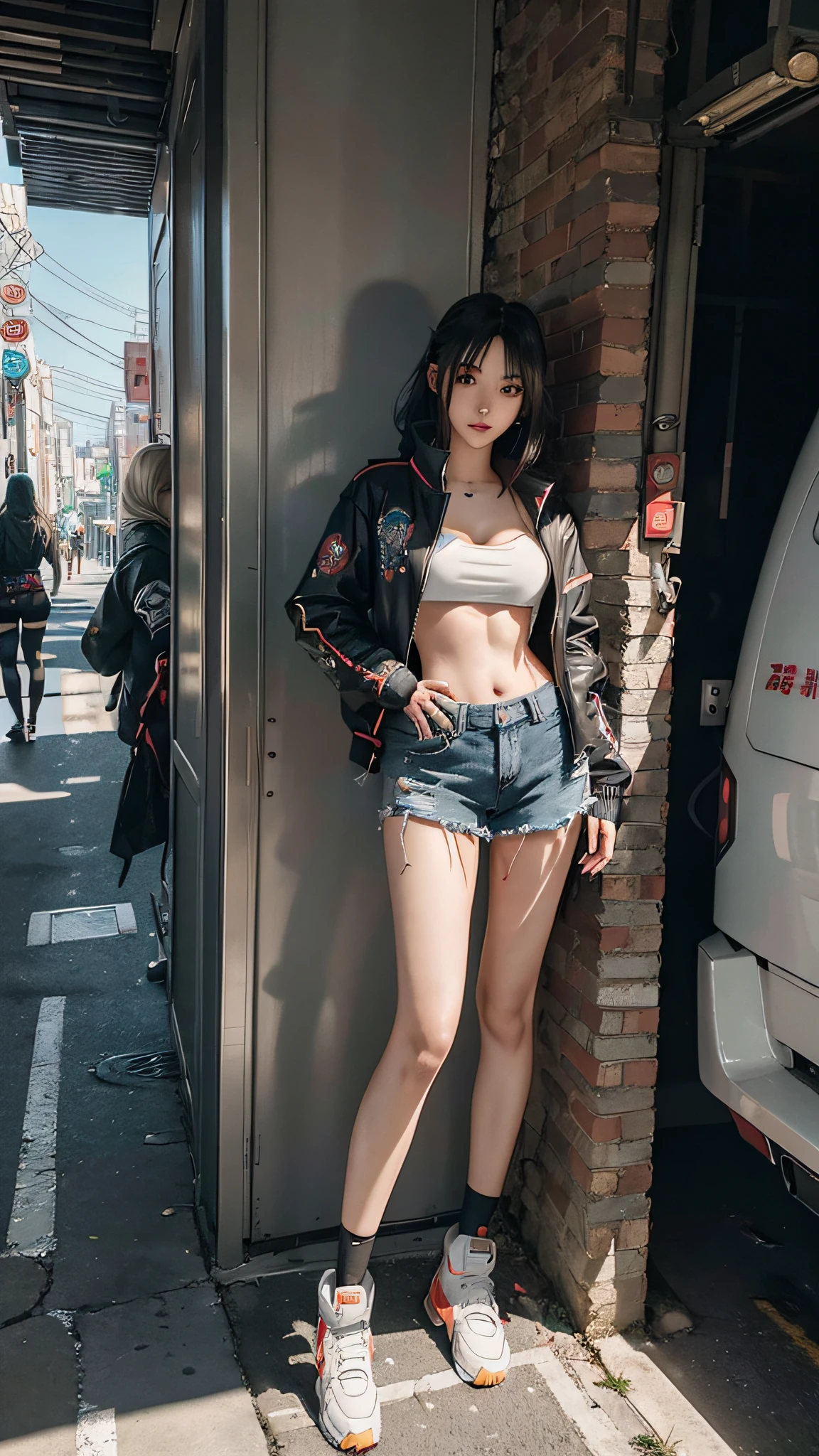 ((half-body, bust photo)), anime girl in shorts and jacket standing next to giant robot, guweiz-style artwork, cyberpunk anime girl mecha, trend on cgstation, guweiz, Russell Dongjun Lu, digital cyberpunk anime art, ross tran 8 k, guweiz on artstation pixiv, girl in mecha network armor