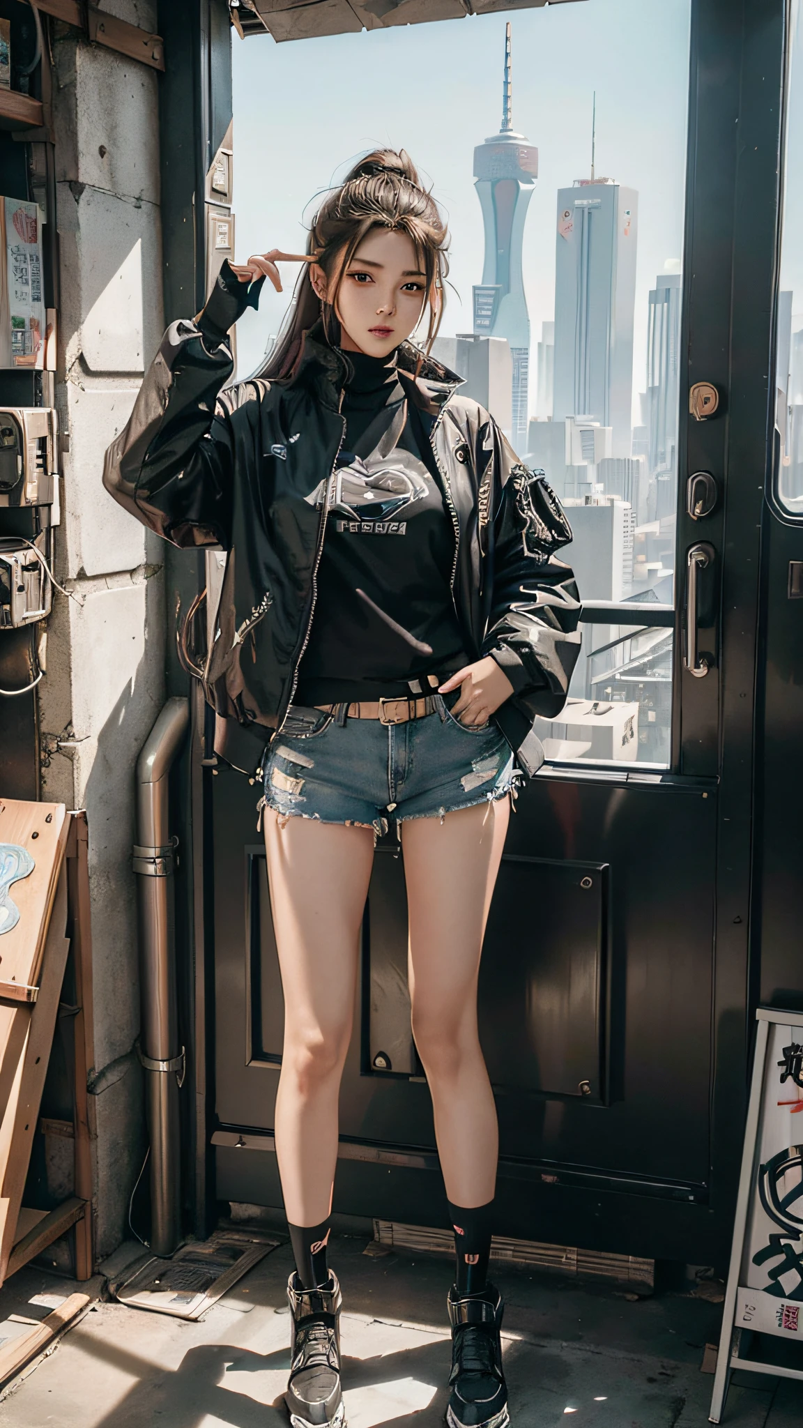 ((half-body, bust photo)), anime girl in shorts and jacket standing next to giant robot, guweiz-style artwork, cyberpunk anime girl mecha, trend on cgstation, guweiz, Russell Dongjun Lu, digital cyberpunk anime art, ross tran 8 k, guweiz on artstation pixiv, girl in mecha network armor