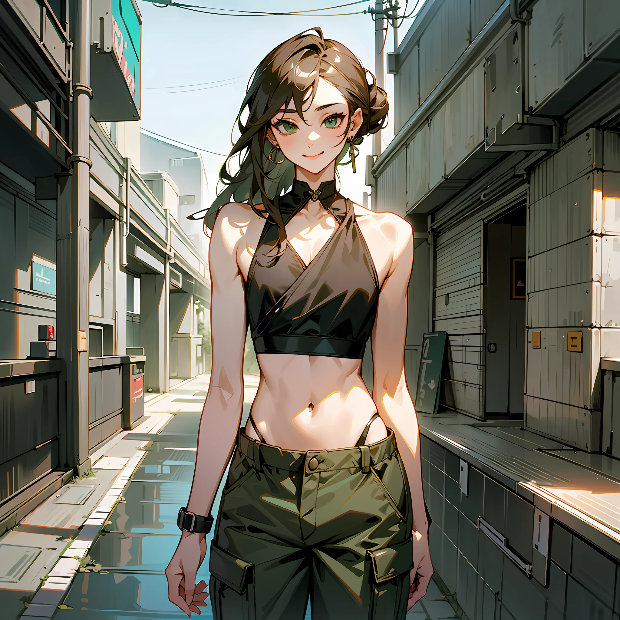Full-length shot. Background: monochrom with shades of grays. 
A figure alone. A young man with androgynous features, very feminine. His chest is quite flat, like a man's chest. Feminine silhouette.
Head: dark brown, long, wavy hair ; messy bun ; hazel-green eyes. Ear rings, right nostril ring.
Body: slender, flat chest, 170cm, 55kg, feminine waist, feminine hips.
Clothes: minimal crop top, black open shirt, olive green low-rise cargo pants, thong picking out ((whale tail thong)), black and white high-top sneakers.
Character's attitude: provocative, feminine posture, provocative smiling with tongue out.

((4K)), ((realistic anime style))