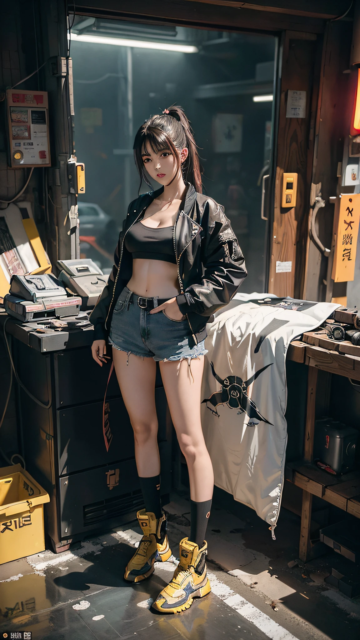 ((half-body, bust photo)), anime girl in shorts and jacket standing next to giant robot, guweiz-style artwork, cyberpunk anime girl mecha, trend on cgstation, guweiz, Russell Dongjun Lu, digital cyberpunk anime art, ross tran 8 k, guweiz on artstation pixiv, girl in mecha network armor