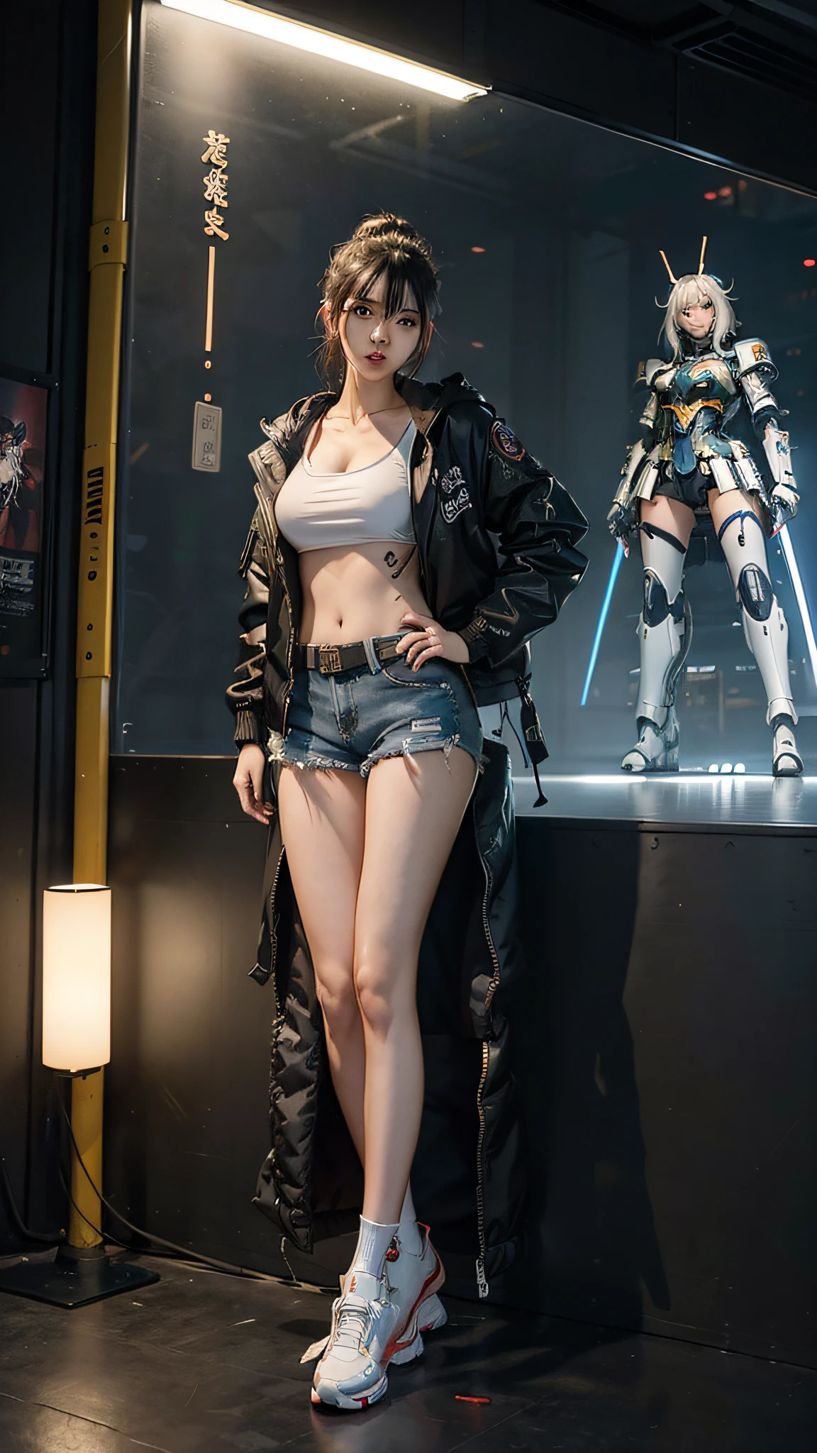 ((half-body, bust photo)), anime girl in shorts and jacket standing next to giant robot, guweiz-style artwork, cyberpunk anime girl mecha, trend on cgstation, guweiz, Russell Dongjun Lu, digital cyberpunk anime art, ross tran 8 k, guweiz on artstation pixiv, girl in mecha network armor