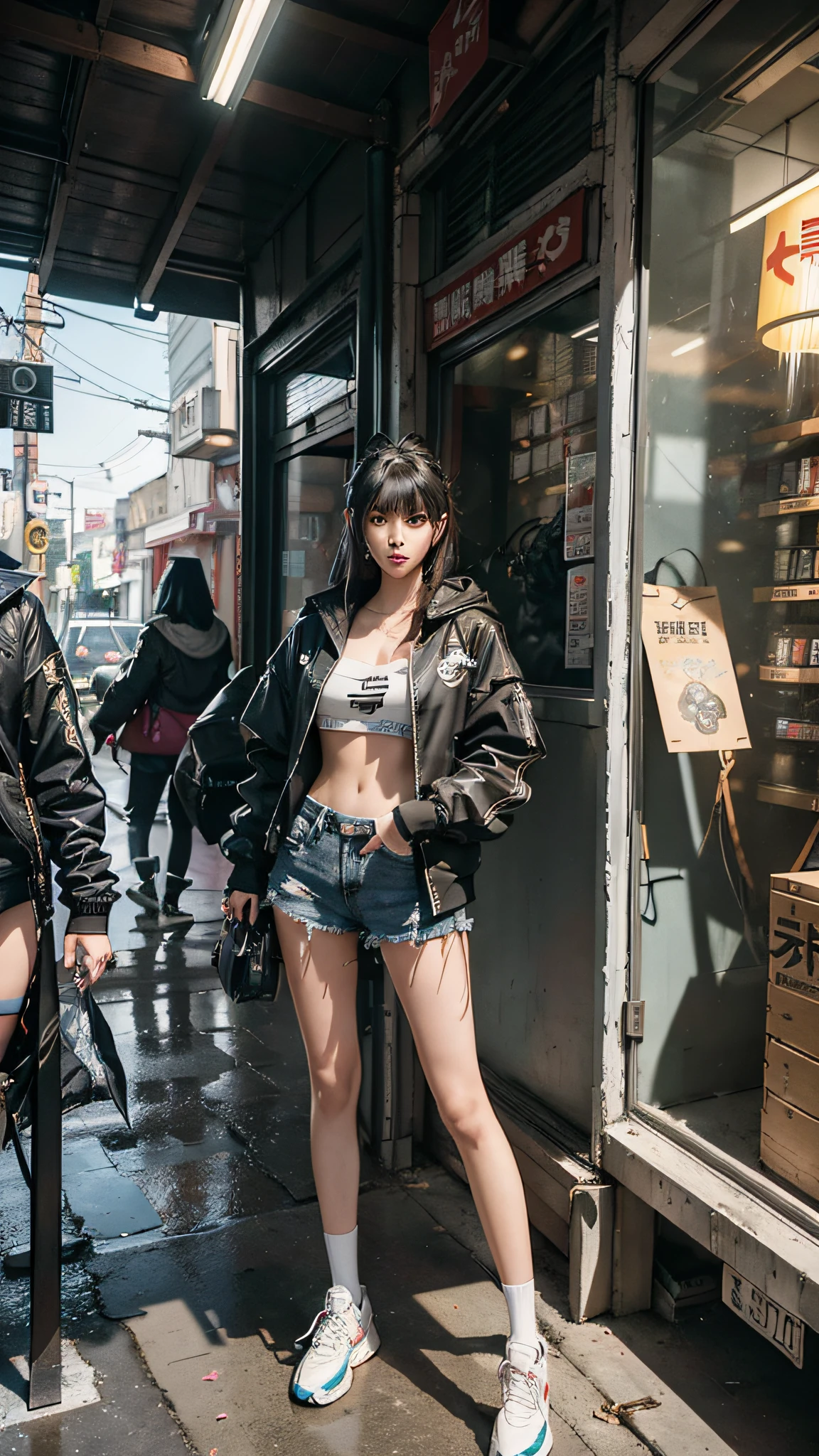 ((half-body, bust photo)), anime girl in shorts and jacket standing next to giant robot, guweiz-style artwork, cyberpunk anime girl mecha, trend on cgstation, guweiz, Russell Dongjun Lu, digital cyberpunk anime art, ross tran 8 k, guweiz on artstation pixiv, girl in mecha network armor