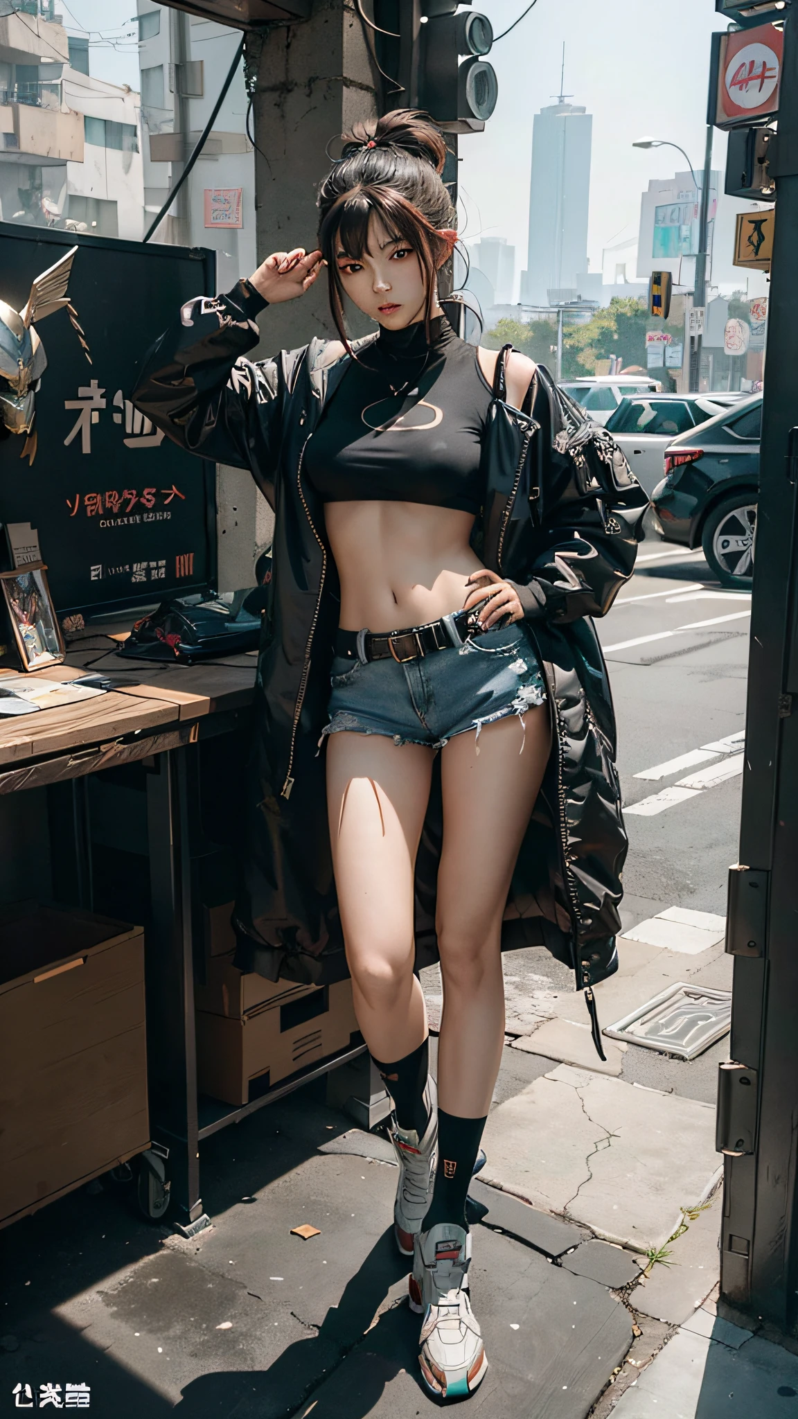 ((half-body, bust photo)), anime girl in shorts and jacket standing next to giant robot, guweiz-style artwork, cyberpunk anime girl mecha, trend on cgstation, guweiz, Russell Dongjun Lu, digital cyberpunk anime art, ross tran 8 k, guweiz on artstation pixiv, girl in mecha network armor