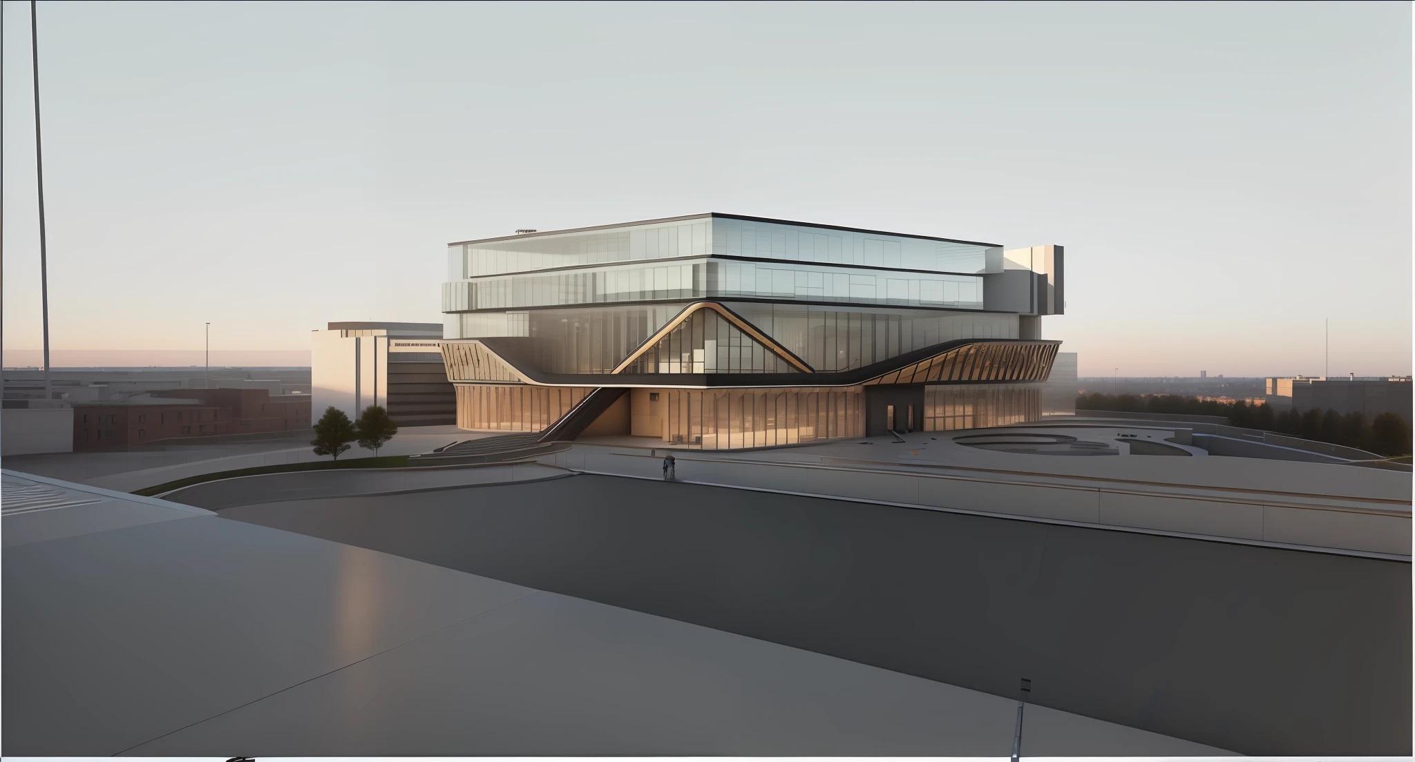 Culture & Sports Architecture Design Alafd view of building with stairs, Vue 3d rendering, medium view, front view, detailed rendering, front perspective, architectural rendering, pre-rendering, wide angle look 2022, complex 3 d rendering, sketch - up, complex 3d rendering, Vue rendering, digital rendering, 3 d rendering