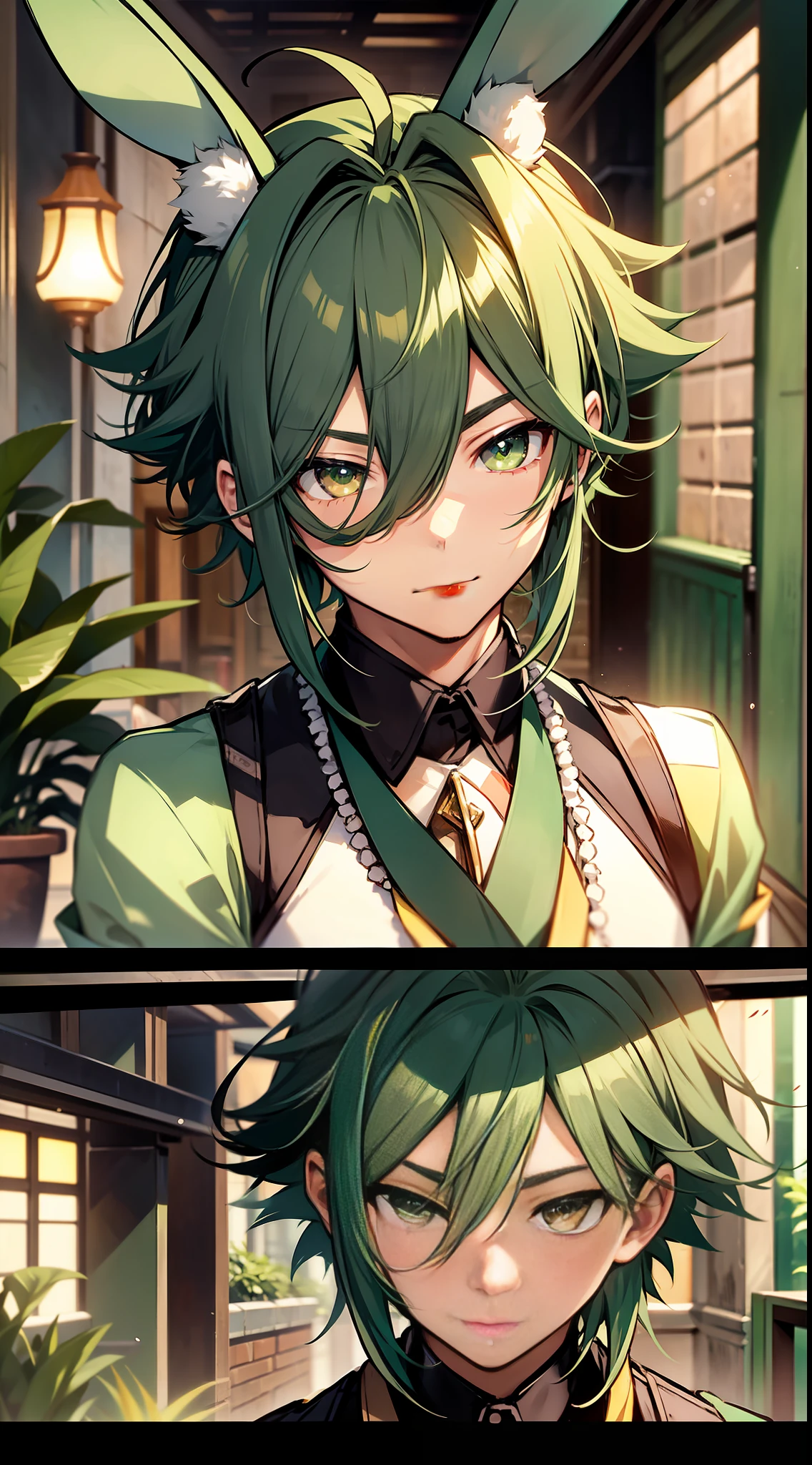 Master works, best picture quality, high detail, delicate facial features, (2 males), {(Shota), shy expression, green hair, middle bangs, rays, (rabbit ears)}, {(adult males), proud expressions, laughter, middle bangs, green hair, fish, }